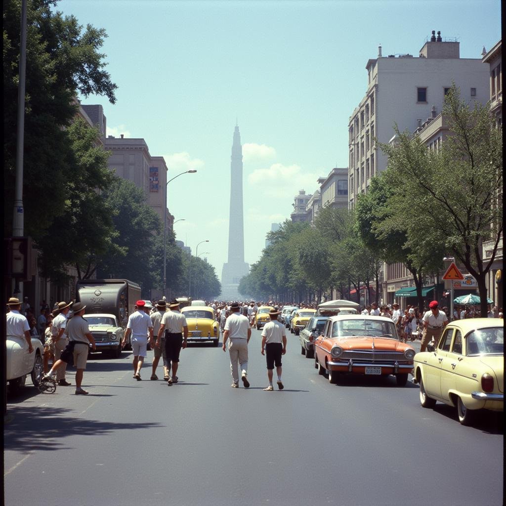 analog film photo  <lora:Technicolor style v2:1> Technicolor styleIn the 1950's a city street with a lot of cars and people,hat,outdoors,multiple boys,sky,day,tree,ground vehicle,building,scenery,motor vehicle,walking,city,car,road,police,lamppost,street,police uniform,real world location , vivid color, cinematic look, film look, filmic, contrast, detailed, high quality, sharp image, film color, Kodak, Motion Picture, Film style, different color, vivid color, different people, different look, different style, 35MM Film, 16MM Film, Photographic film, artistic style, cinematic style, film granularity, film noise, image noise, artistic effect, Fujicolor, Fuji film, Analog photography, movie style, movie still, Film grain overlay, Film Grain style, Technicolor style . faded film, desaturated, 35mm photo, grainy, vignette, vintage, Kodachrome, Lomography, stained, highly detailed, found footage