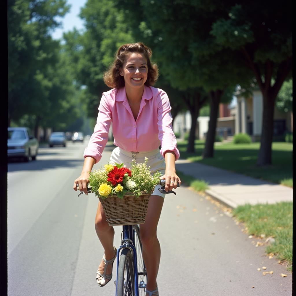 <lora:Technicolor style v2:1> Technicolor styleIn the 1950's a woman riding a bike with a basket of flowers,1girl,solo,looking at viewer,smile,shirt,full body,flower,outdoors,shorts,teeth,high heels,tree,ground vehicle,pink shirt,white shorts,realistic,road,street,bicycle,photo background , vivid color, cinematic look, film look, filmic, contrast, detailed, high quality, sharp image, film color, Kodak, Motion Picture, Film style, different color, vivid color, different people, different look, different style, 35MM Film, 16MM Film, Photographic film, artistic style, cinematic style, film granularity, film noise, image noise, artistic effect, Fujicolor, Fuji film, Analog photography, movie style, movie still, Film grain overlay, Film Grain style, Technicolor style