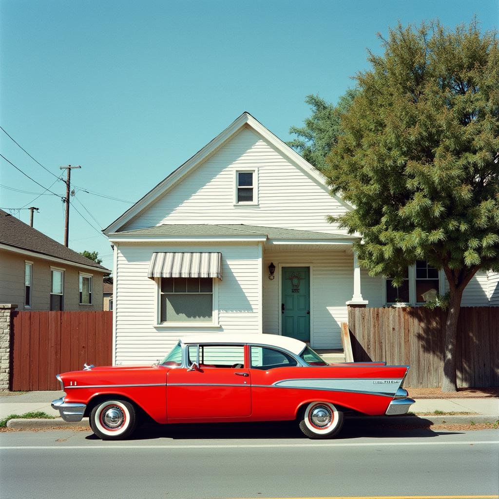 analog film photo  <lora:Technicolor style v2:1> Technicolor styleIn the 1950's a red car parked in front of a white house,outdoors,sky,day,tree,no humans,window,ground vehicle,building,scenery,motor vehicle,fence,car,road,house,vehicle focus,power lines,street,utility pole , vivid color, cinematic look, film look, filmic, contrast, detailed, high quality, sharp image, film color, Kodak, Motion Picture, Film style, different color, vivid color, different people, different look, different style, 35MM Film, 16MM Film, Photographic film, artistic style, cinematic style, film granularity, film noise, image noise, artistic effect, Fujicolor, Fuji film, Analog photography, movie style, movie still, Film grain overlay, Film Grain style, Technicolor style . faded film, desaturated, 35mm photo, grainy, vignette, vintage, Kodachrome, Lomography, stained, highly detailed, found footage