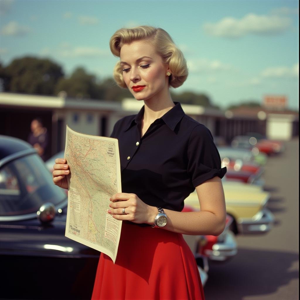 <lora:Technicolor style v2:1> Technicolor styleIn the 1950's a woman in a red skirt is holding a map,1girl,solo,short hair,skirt,blonde hair,shirt,holding,jewelry,closed eyes,short sleeves,earrings,hair bun,hand on hip,black shirt,red skirt,traditional media,ground vehicle,motor vehicle,watch,paper,car,wristwatch , vivid color, cinematic look, film look, filmic, contrast, detailed, high quality, sharp image, film color, Kodak, Motion Picture, Film style, different color, vivid color, different people, different look, different style, 35MM Film, 16MM Film, Photographic film, artistic style, cinematic style, film granularity, film noise, image noise, artistic effect, Fujicolor, Fuji film, Analog photography, movie style, movie still, Film grain overlay, Film Grain style, Technicolor style