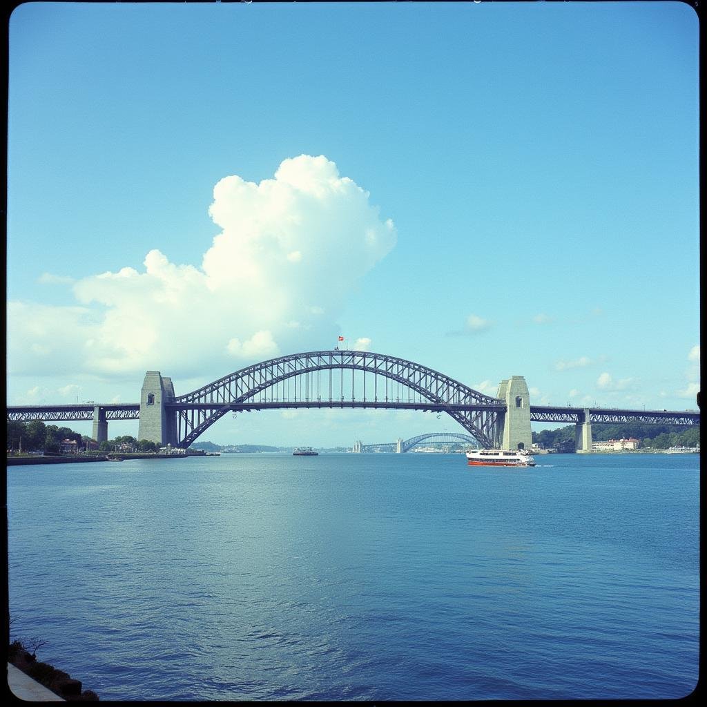 <lora:Technicolor style v2:1> Technicolor styleIn the 1950's a large bridge spanning over a body of water,outdoors,sky,day,cloud,water,blue sky,no humans,ocean,scenery,horizon,watercraft,ship,boat , vivid color, cinematic look, film look, filmic, contrast, detailed, high quality, sharp image, film color, Kodak, Motion Picture, Film style, different color, vivid color, different people, different look, different style, 35MM Film, 16MM Film, Photographic film, artistic style, cinematic style, film granularity, film noise, image noise, artistic effect, Fujicolor, Fuji film, Analog photography, movie style, movie still, Film grain overlay, Film Grain style, Technicolor style