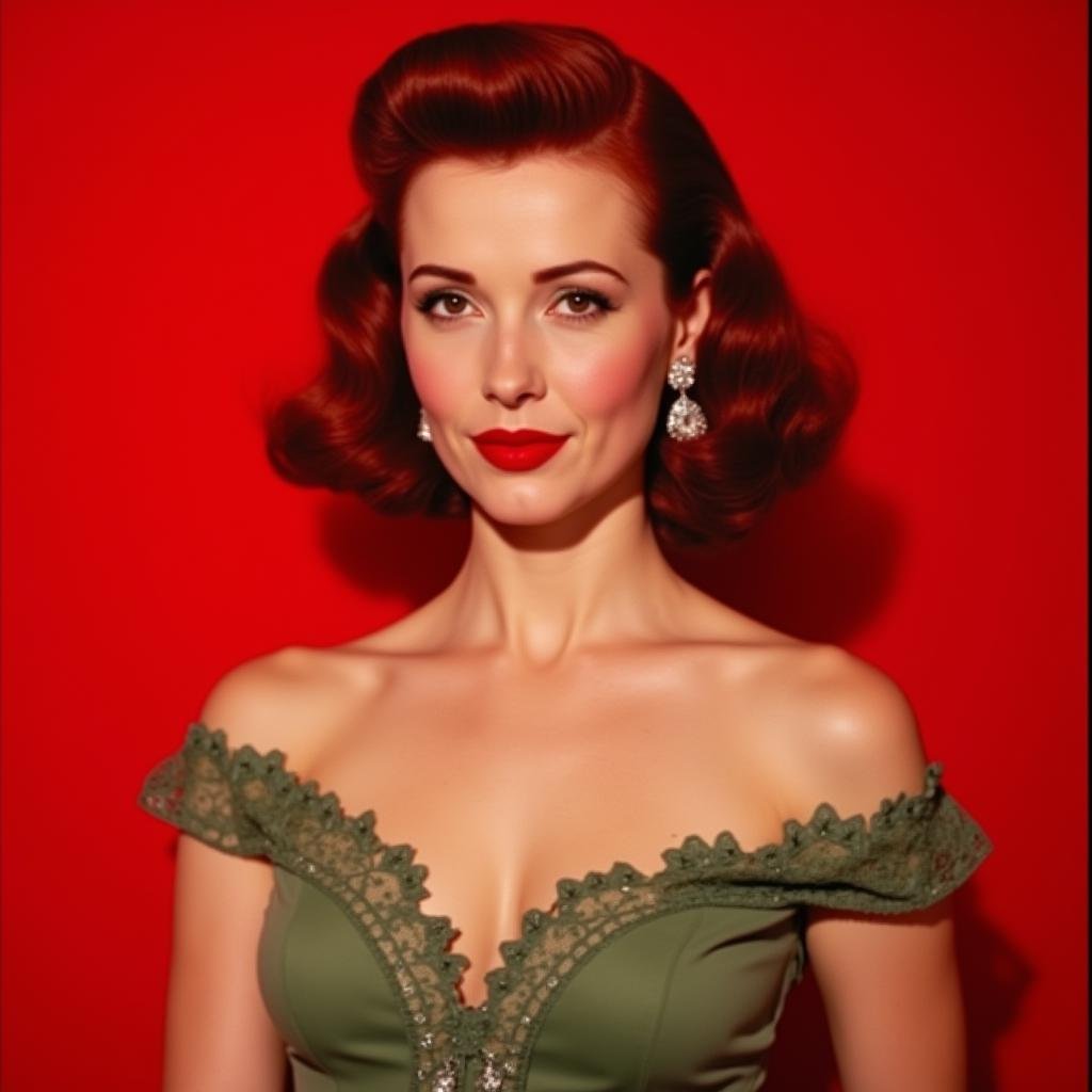 <lora:Technicolor style v2:1>In the 1950's a woman with red hair and a dress,1girl,solo,breasts,looking at viewer,simple background,brown hair,dress,cleavage,bare shoulders,jewelry,upper body,earrings,mole,lips,makeup,lipstick,lace,red background,realistic,red lips , vivid color, cinematic look, film look, filmic, contrast, detailed, high quality, sharp image, film color, Kodak, Motion Picture, Film style, different color, vivid color, different people, different look, different style, 35MM Film, 16MM Film, Photographic film, artistic style, cinematic style, film granularity, film noise, image noise, artistic effect, Fujicolor, Fuji film, Analog photography, movie style, movie still, Film grain overlay, Film Grain style, Technicolor style