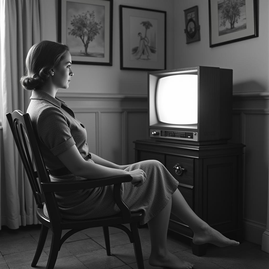 <lora:Technicolor style v2:1>In the 1950's a woman sitting in a chair in front of a television