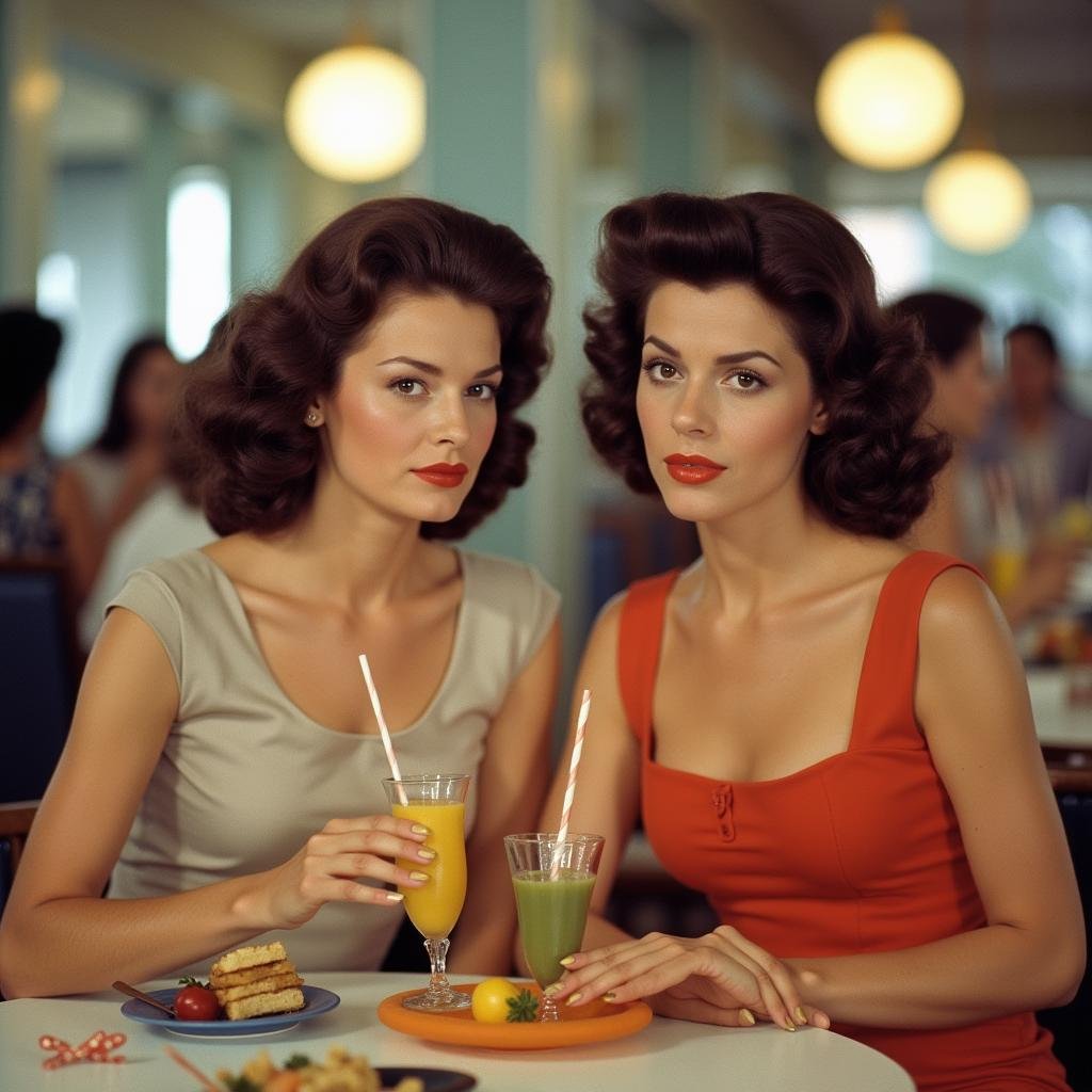 analog film photo  <lora:Technicolor style v2:1> Technicolor styleIn the 1950's two women sitting at a table with drinks,multiple girls,brown hair,2girls,brown eyes,sitting,parted lips,food,cup,chair,table,curly hair,drinking straw,realistic,glass , vivid color, cinematic look, film look, filmic, contrast, detailed, high quality, sharp image, film color, Kodak, Motion Picture, Film style, different color, vivid color, different people, different look, different style, 35MM Film, 16MM Film, Photographic film, artistic style, cinematic style, film granularity, film noise, image noise, artistic effect, Fujicolor, Fuji film, Analog photography, movie style, movie still, Film grain overlay, Film Grain style, Technicolor style . faded film, desaturated, 35mm photo, grainy, vignette, vintage, Kodachrome, Lomography, stained, highly detailed, found footage