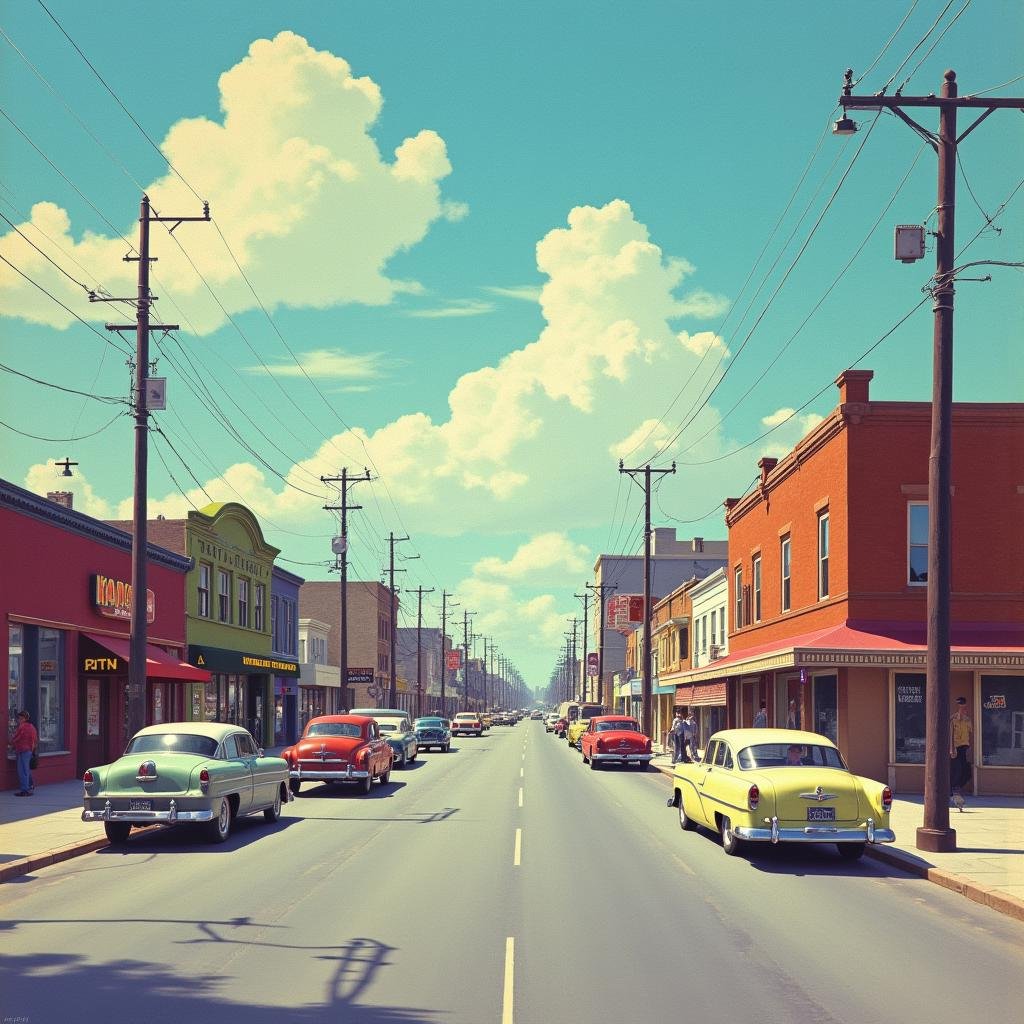 cinematic film still  <lora:Technicolor style v2:1> Technicolor style:1In the 1950's a painting of a city street with cars and people,outdoors,sky,day,cloud,water,no humans,traditional media,ground vehicle,building,scenery,motor vehicle,reflection,city,sign,car,road,power lines,lamppost,street,utility pole,shop,restaurant,real world location , vivid color, cinematic look, film look, filmic, contrast, detailed, high quality, sharp image, film color, Kodak, Motion Picture, Film style, different color, vivid color, different people, different look, different style, 35MM Film, 16MM Film, Photographic film, artistic style, cinematic style, film granularity, film noise, image noise, artistic effect, Fujicolor, Fuji film, Analog photography, movie style, movie still, Film grain overlay, Film Grain style, Technicolor style . shallow depth of field, vignette, highly detailed, high budget, bokeh, cinemascope, moody, epic, gorgeous, film grain, grainy