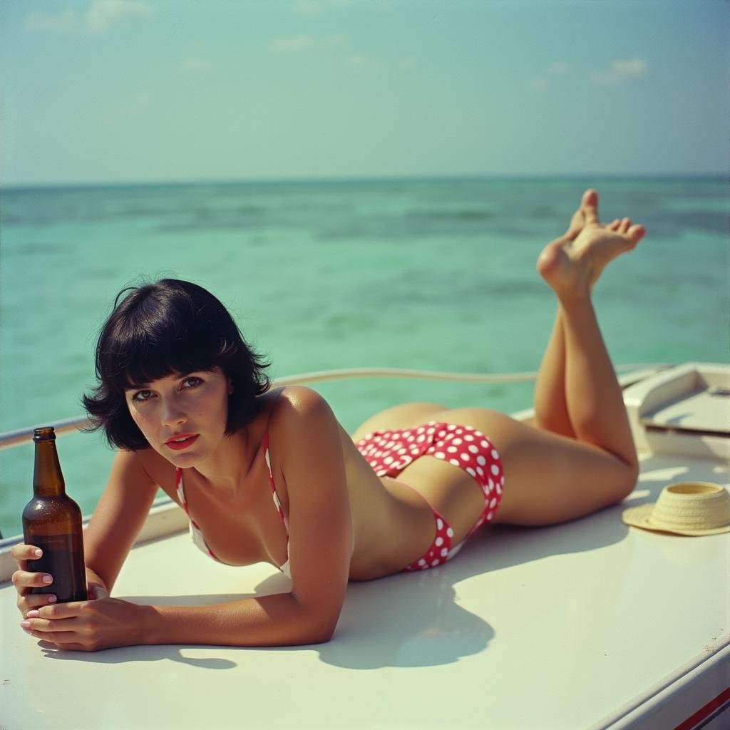 analog film photo  <lora:Technicolor style v2:1> Technicolor style:0.5In the 1950's a naked woman laying on a boat with a bottle of beer,1girl,solo,breasts,looking at viewer,short hair,black hair,medium breasts,swimsuit,ass,bikini,nude,lying,barefoot,lips,ocean,beach,phone,cellphone,polka dot,on stomach,tan,smartphone,tanlines,realistic,polka dot bikini,bikini tan , vivid color, cinematic look, film look, filmic, contrast, detailed, high quality, sharp image, film color, Kodak, Motion Picture, Film style, different color, vivid color, different people, different look, different style, 35MM Film, 16MM Film, Photographic film, artistic style, cinematic style, film granularity, film noise, image noise, artistic effect, Fujicolor, Fuji film, Analog photography, movie style, movie still, Film grain overlay, Film Grain style, Technicolor style . faded film, desaturated, 35mm photo, grainy, vignette, vintage, Kodachrome, Lomography, stained, highly detailed, found footage