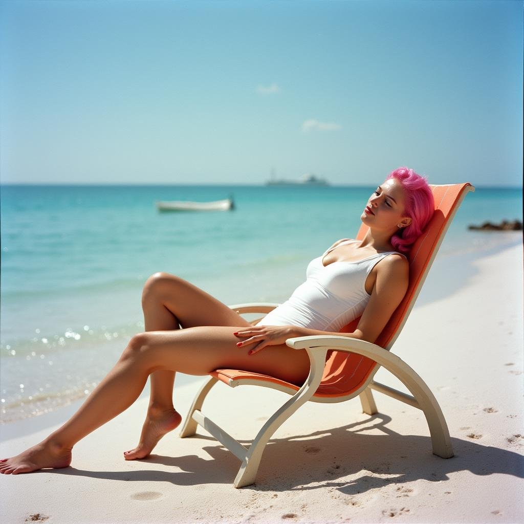 cinematic film still  <lora:Technicolor style v2:1> Technicolor style:1In the 1950's a woman laying on a chair on a beach,1girl,solo,swimsuit,pink hair,outdoors,barefoot,day,one-piece swimsuit,ocean,chair,beach,realistic,sand,white one-piece swimsuit,watercraft,photo background,fine art parody , vivid color, cinematic look, film look, filmic, contrast, detailed, high quality, sharp image, film color, Kodak, Motion Picture, Film style, different color, vivid color, different people, different look, different style, 35MM Film, 16MM Film, Photographic film, artistic style, cinematic style, film granularity, film noise, image noise, artistic effect, Fujicolor, Fuji film, Analog photography, movie style, movie still, Film grain overlay, Film Grain style, Technicolor style . shallow depth of field, vignette, highly detailed, high budget, bokeh, cinemascope, moody, epic, gorgeous, film grain, grainy