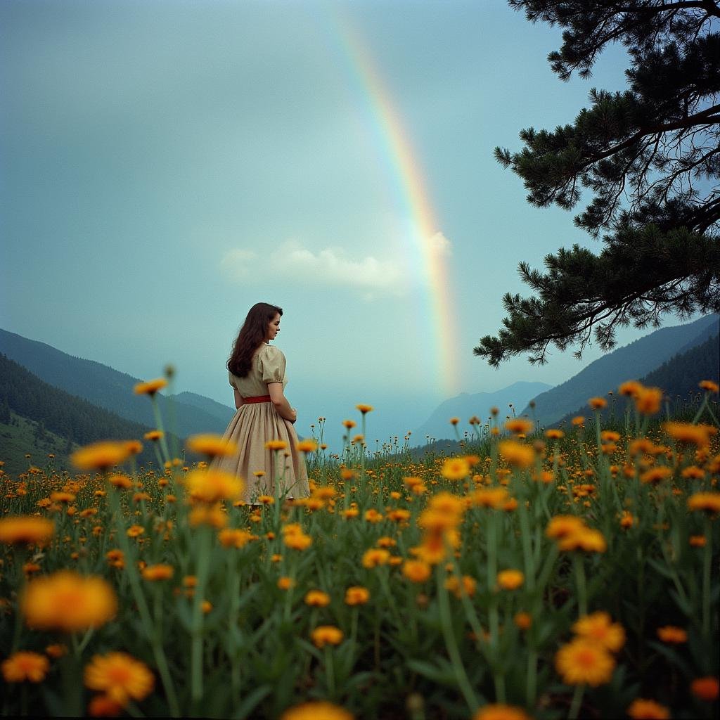 cinematic film still  <lora:Technicolor style v2:1> Technicolor style:1, cool lightIn the 1950's a rainbow over a mountain valley with a rainbow in the sky,1girl,solo,flower,outdoors,sky,tree,night,nature,scenery,mountain,field,rainbow,flower field , vivid color, cinematic look, film look, filmic, contrast, detailed, high quality, sharp image, film color, Kodak, Motion Picture, Film style, different color, vivid color, different people, different look, different style, 35MM Film, 16MM Film, Photographic film, artistic style, cinematic style, film granularity, film noise, image noise, artistic effect, Fujicolor, Fuji film, Analog photography, movie style, movie still, Film grain overlay, Film Grain style, Technicolor style . shallow depth of field, vignette, highly detailed, high budget, bokeh, cinemascope, moody, epic, gorgeous, film grain, grainy