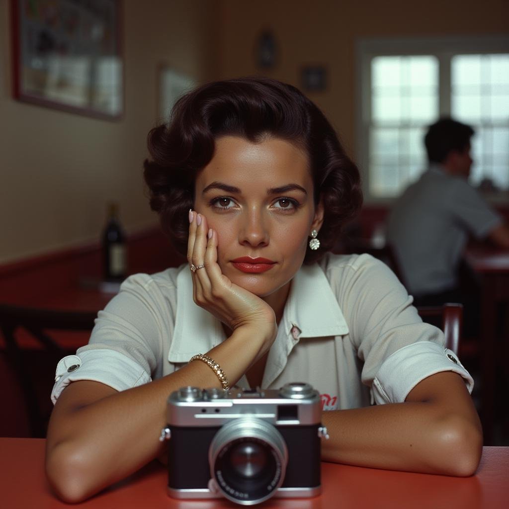 <lora:Technicolor style v2:1> Technicolor styleIn the 1950's a woman sitting at a table with a camera,1girl,looking at viewer,short hair,brown hair,brown eyes,jewelry,earrings,solo focus,indoors,dark skin,mole,blurry,dark-skinned female,lips,blurry background,smoke,cigarette,realistic,smoking , vivid color, cinematic look, film look, filmic, contrast, detailed, high quality, sharp image, film color, Kodak, Motion Picture, Film style, different color, vivid color, different people, different look, different style, 35MM Film, 16MM Film, Photographic film, artistic style, cinematic style, film granularity, film noise, image noise, artistic effect, Fujicolor, Fuji film, Analog photography, movie style, movie still, Film grain overlay, Film Grain style, Technicolor style