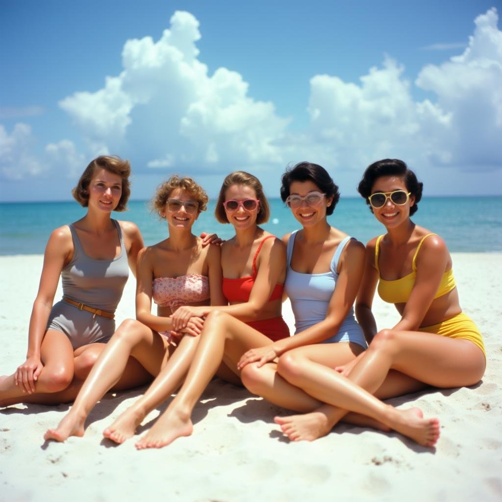 <lora:Technicolor style v2:1>In the 1950's a group of women in bathing suits sitting on a beach,short hair,multiple girls,brown hair,black hair,sitting,outdoors,sky,glasses,day,cloud,one-piece swimsuit,strapless,ocean,beach,crossed legs,5girls,indian style , vivid color, cinematic look, film look, filmic, contrast, detailed, high quality, sharp image, film color, Kodak, Motion Picture, Film style, different color, vivid color, different people, different look, different style, 35MM Film, 16MM Film, Photographic film, artistic style, cinematic style, film granularity, film noise, image noise, artistic effect, Fujicolor, Fuji film, Analog photography, movie style, movie still, Film grain overlay, Film Grain style, Technicolor style