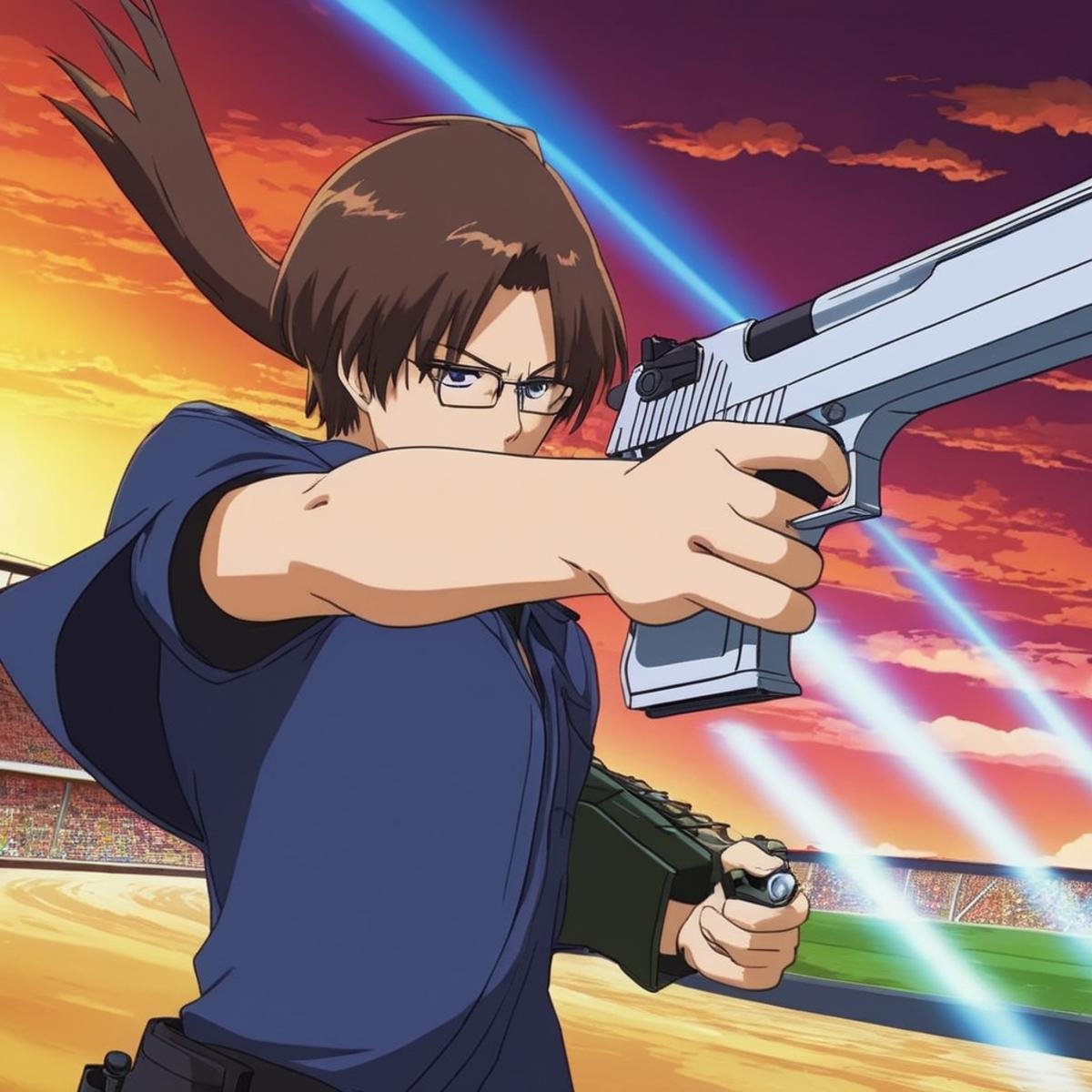 anime artwork of  <lora:Desert Eagle:1.2>a cartoon character firing a gun in a stadium Desert Eagle pistol, anime style, key visual, vibrant, studio anime,  highly detailed