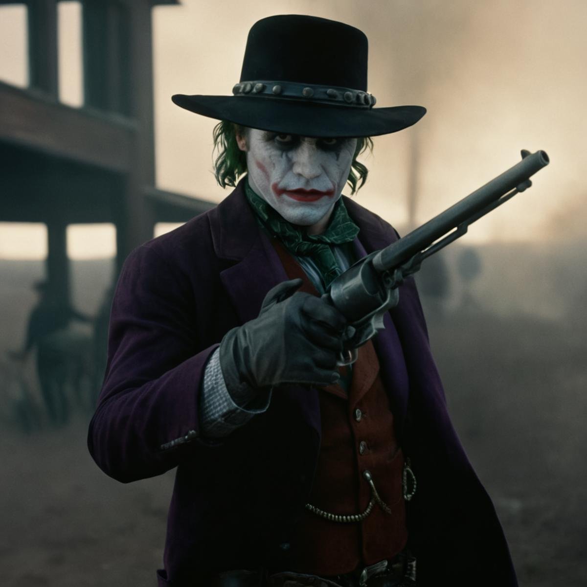 cinematic film still of  <lora:Colt revolver handgun:0.8>a man dressed as a joker holding a colt gun,solo,gloves,1boy,hat,holding,weapon,male focus,necktie,holding weapon,coat,gun,plaid,bug,ground vehicle,holding gun,motor vehicle,handgun,smoke,car,revolver , gun, handgun, pistol, revolver, wild west, western, red dead redemption style, Colt Single Action revolver handgun, large barrel, long barrel, smoke, high angle from above <lora:Perfect Hands:1>, shallow depth of field, vignette, highly detailed, high budget, bokeh, cinemascope, moody, epic, gorgeous, film grain, grainy