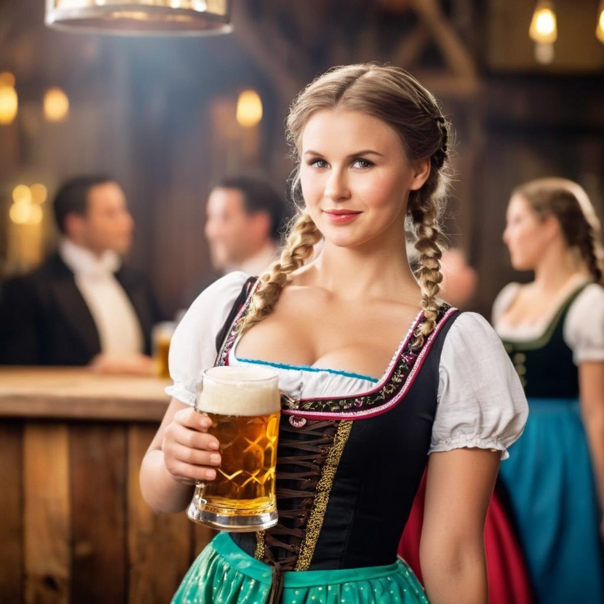 cinematic film still of  <lora:Cinematic Hollywood Film:1.5>Epic Creative Scene a woman in a sexy Dirndl dress holding beer mug Cinematic Hollywood Film Style, shallow depth of field, vignette, highly detailed, high budget, bokeh, cinemascope, moody, epic, gorgeous, film grain, grainy