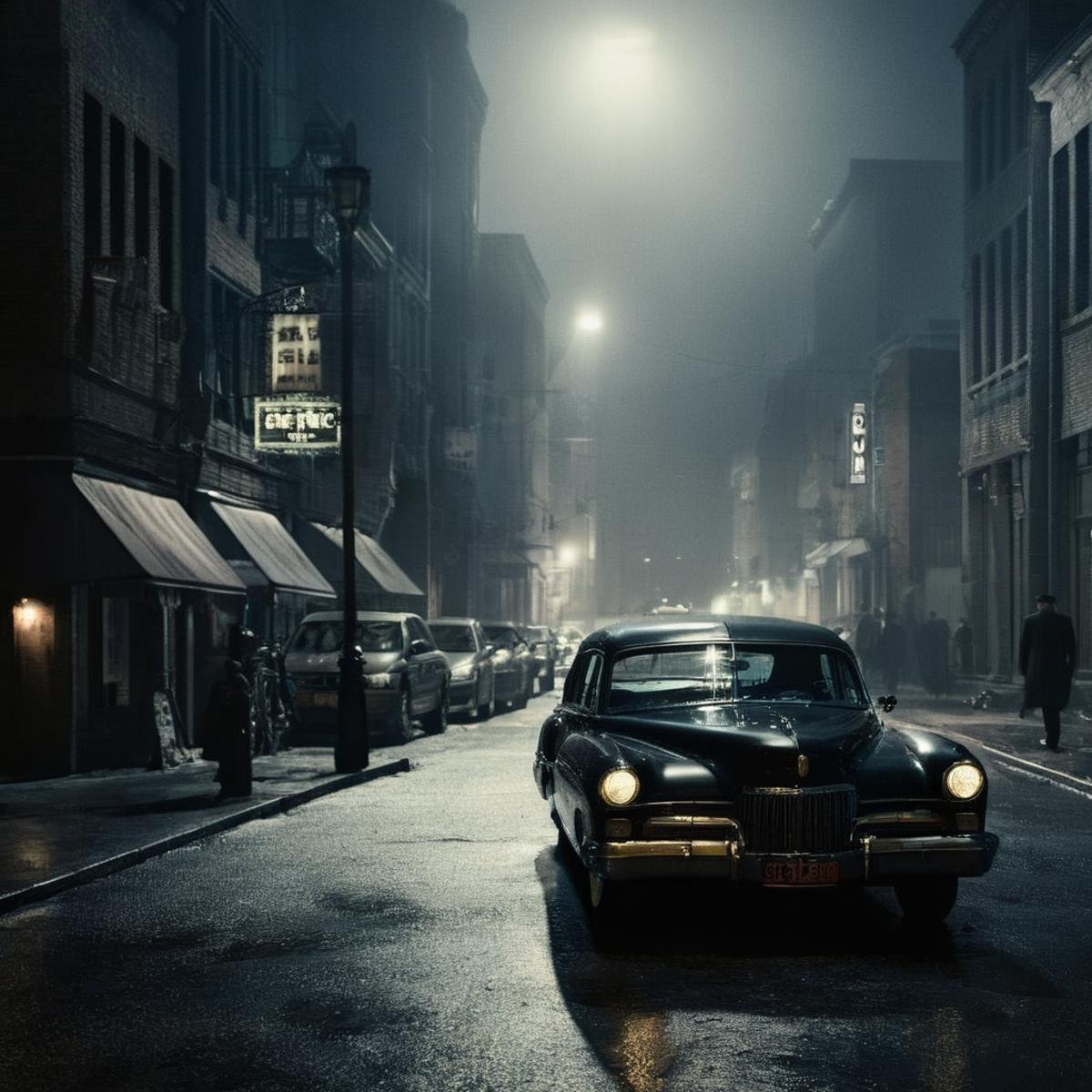 Dark Fantasy Art of cinematic film still of  <lora:Cinematic Hollywood Film:1.5>Epic Creative Scene a car is parked on a film noir city street Cinematic Hollywood Film Style, dark, moody, dark fantasy style