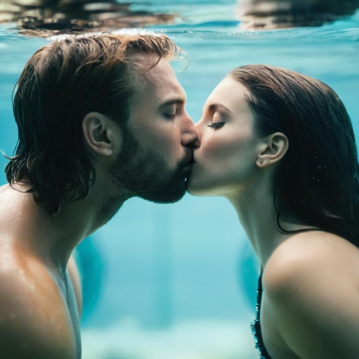 cinematic film still of  <lora:Cinematic Hollywood Film:1.5>Epic Creative Scene a man and woman kissing under water Cinematic Hollywood Film Style, shallow depth of field, vignette, highly detailed, high budget, bokeh, cinemascope, moody, epic, gorgeous, film grain, grainy