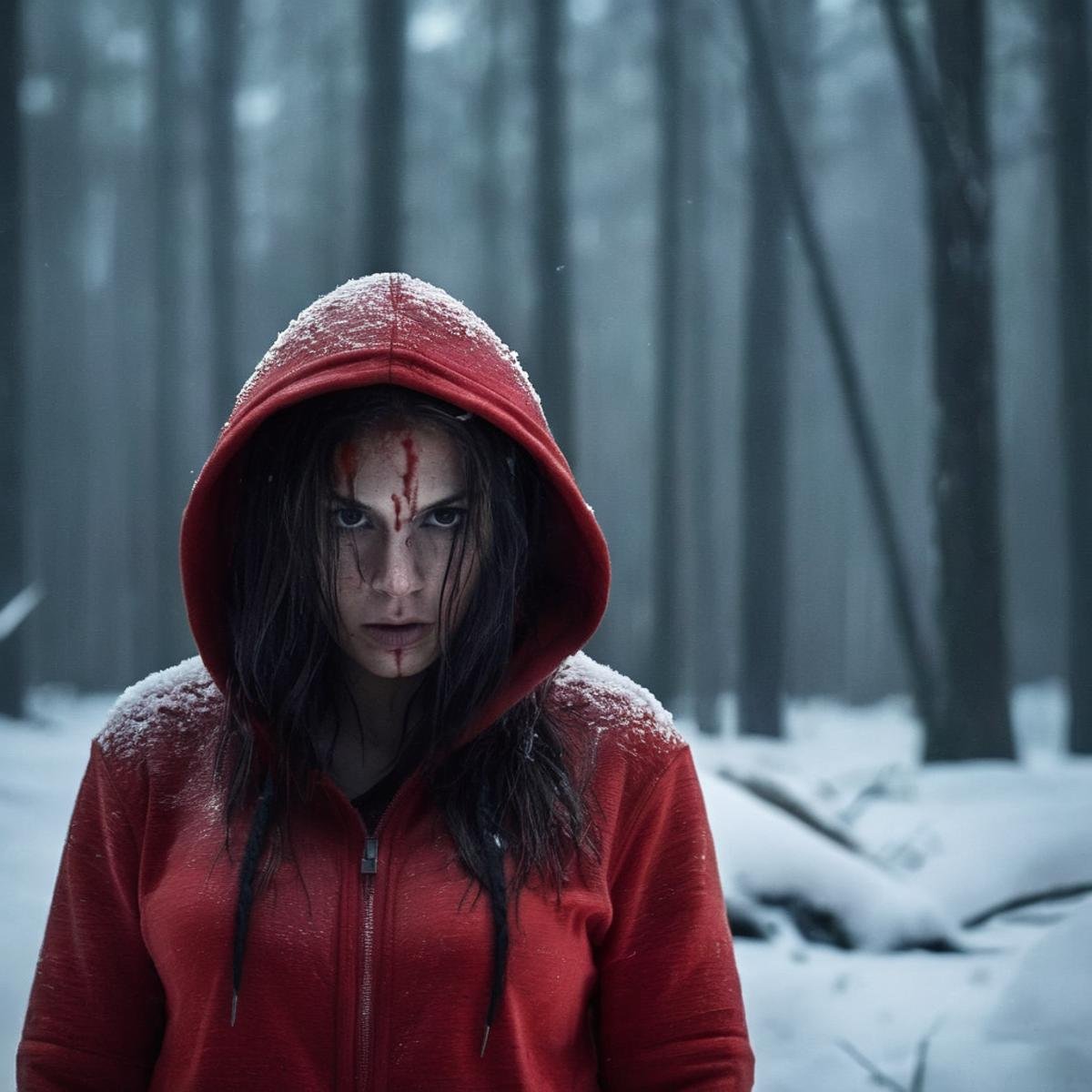 Dark Fantasy Art of cinematic film still of  <lora:Cinematic Hollywood Film:1.5>Epic Creative Scene a wounded woman with a red hoodie and a monster face and red scar marks in snow jungle Cinematic Hollywood Film Style, dark, moody, dark fantasy style