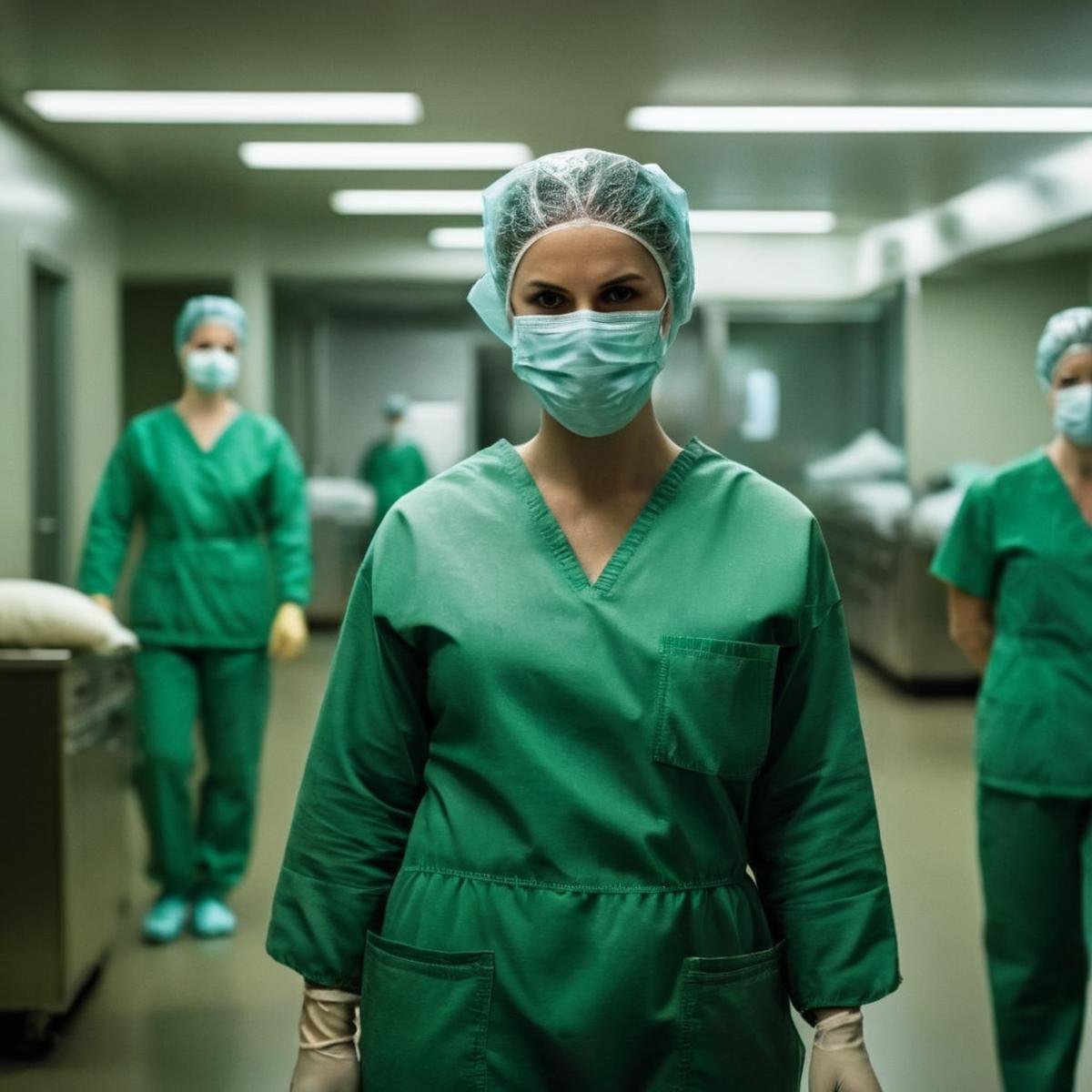 Dark Fantasy Art of cinematic film still of  <lora:Cinematic Hollywood Film:1.5>Epic Creative Scene a 1970'swoman wearing a surgical mask and green scrub suit Cinematic Hollywood Film Style, dark, moody, dark fantasy style