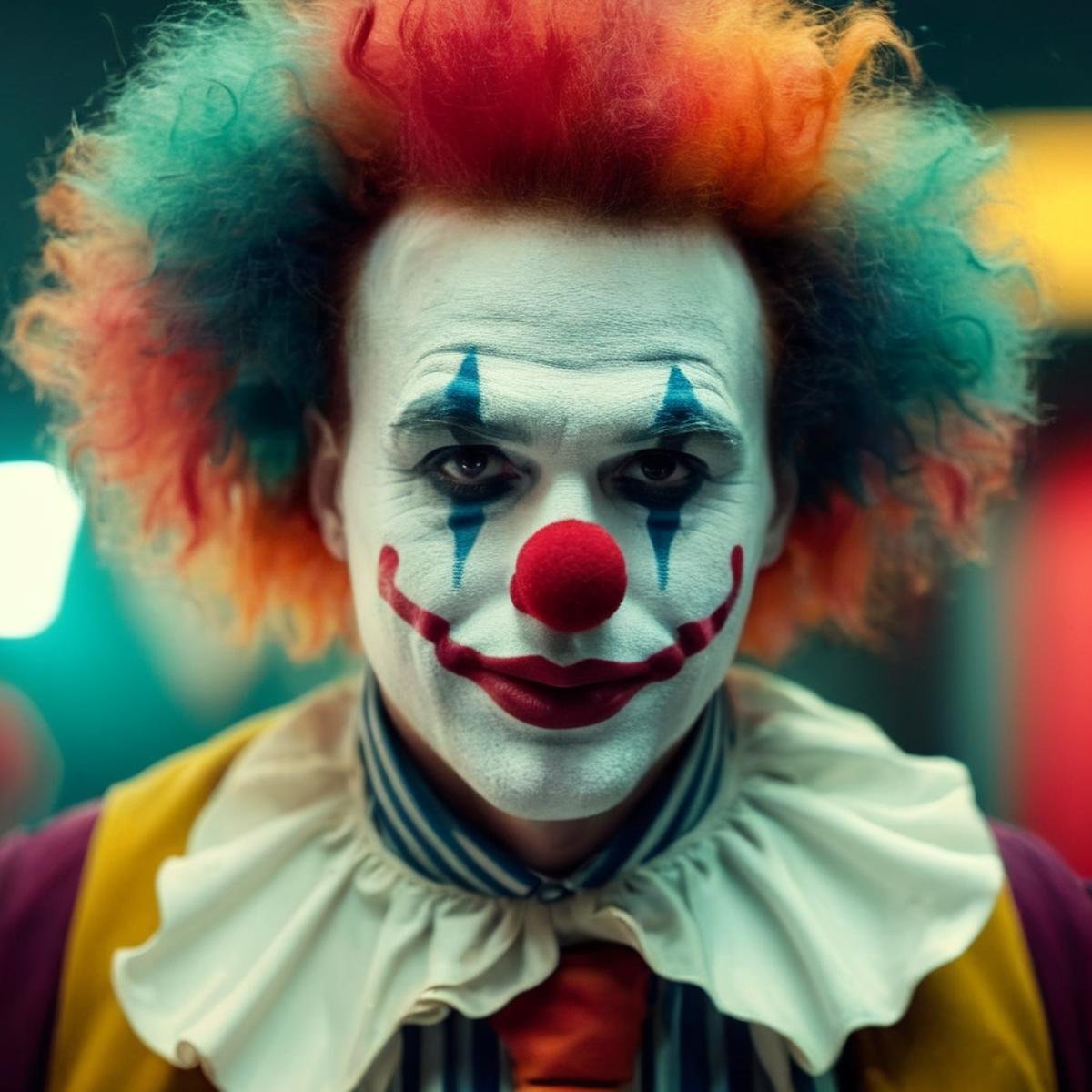 UHD, 4k, ultra detailed, cinematic, a photograph of  <lora:Cinematic Hollywood Film:1.5>Epic Creative Scene a person dressed as a clown holding a cigarette in a cinema Cinematic Hollywood Film Style, epic, beautiful lighting, inpsiring