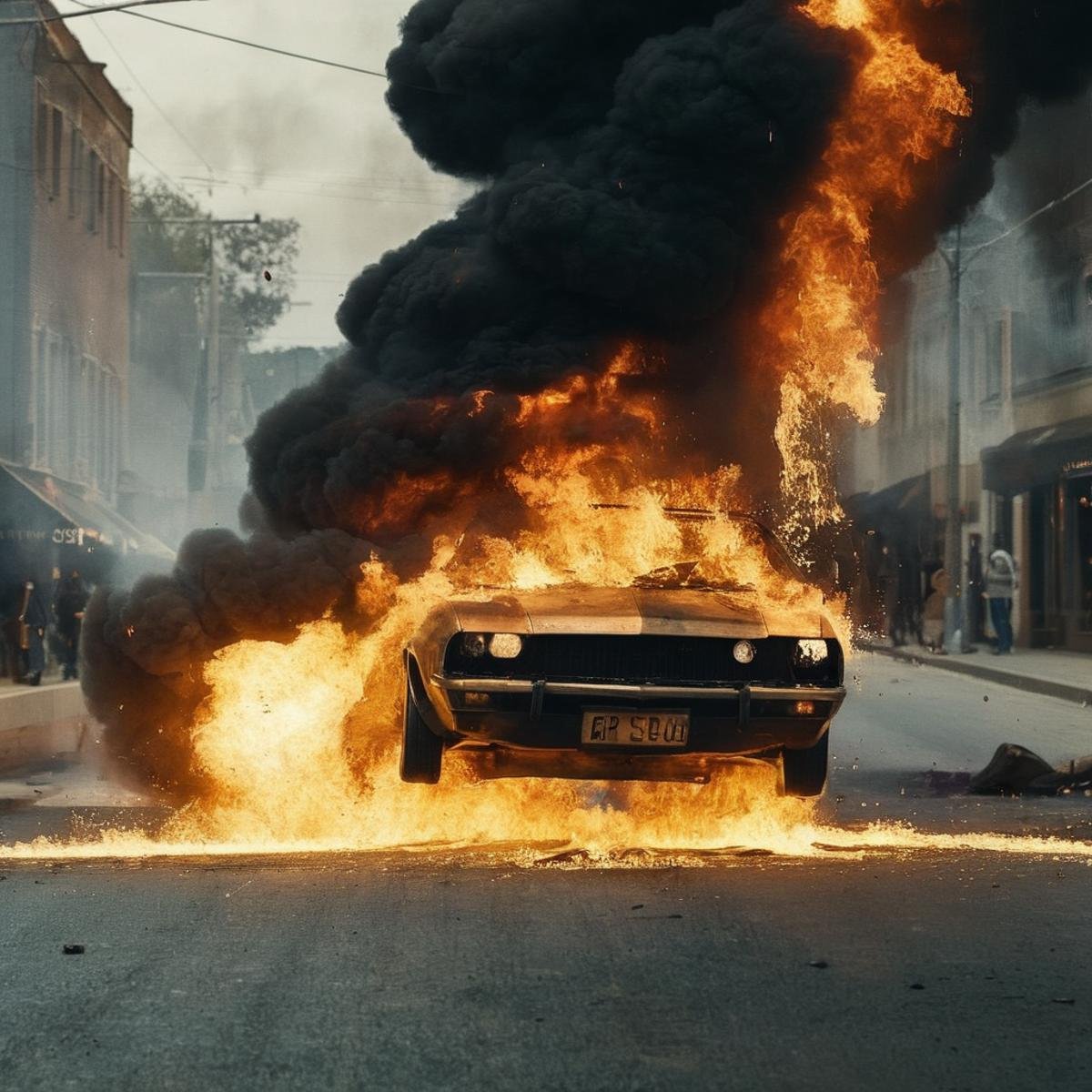 Dark Fantasy Art of cinematic film still of  <lora:Cinematic Hollywood Film:1.5>Epic Creative Scene an exploding car is on fire in the street Cinematic Hollywood Film Style, dark, moody, dark fantasy style