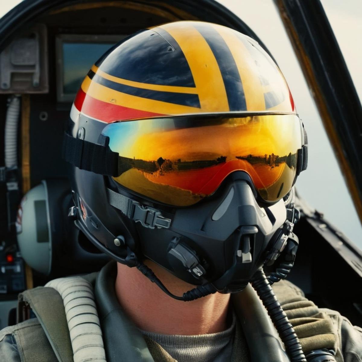 UHD, 4k, ultra detailed, cinematic, a photograph of  <lora:Cinematic Hollywood Film:1.5>Epic Creative Scene from top gun movie a pilot man in a helmet and goggles is sitting in a fighter's cockpit Cinematic Hollywood Film Style, epic, beautiful lighting, inpsiring