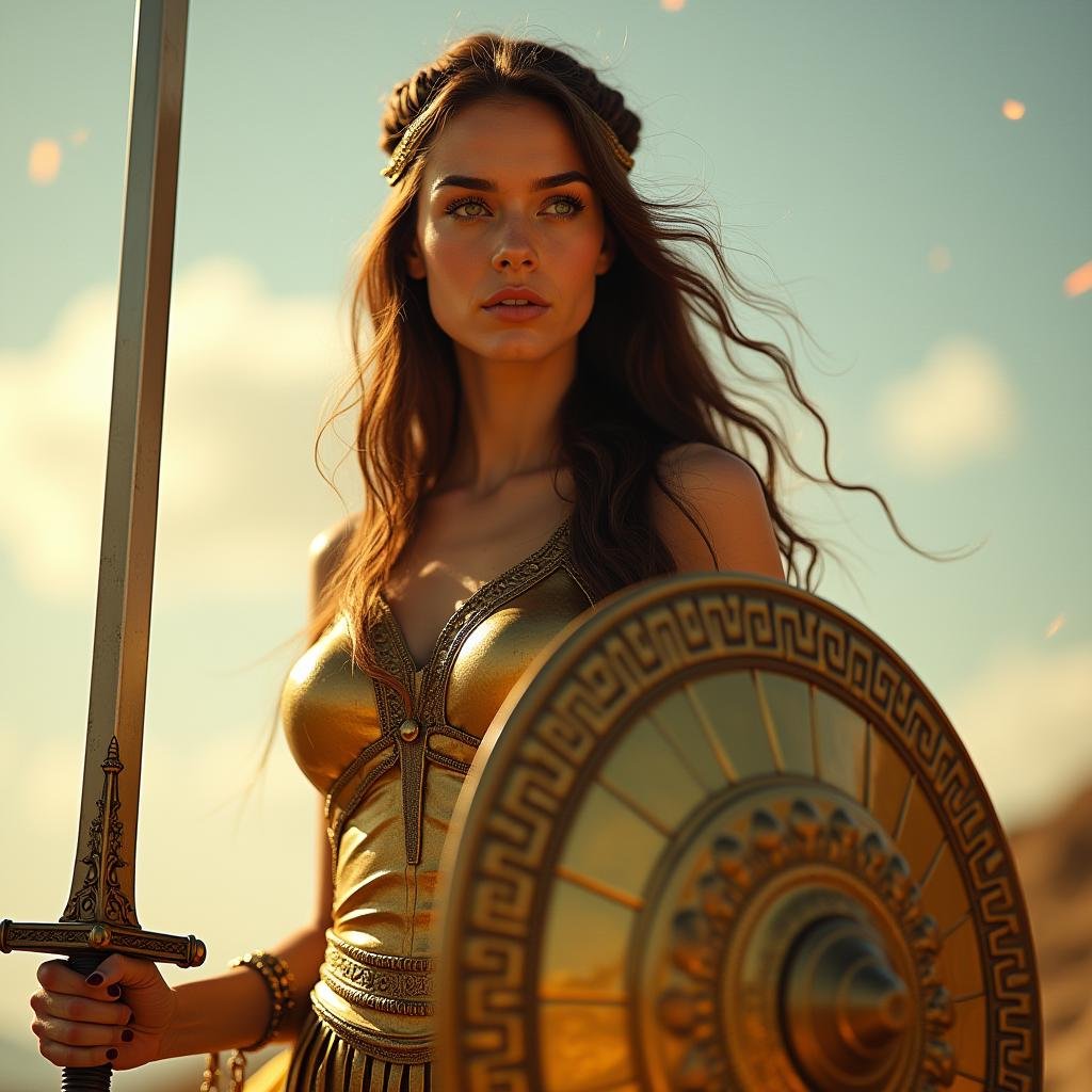 Conceptual Art of  <lora:Greek Mythology style v1:1>in Greek Mythology style, sharp detailed cinematic image, In ancient mythical legendary world, Athena a woman in a gold dress holding a sword, ancient Greeks, historical mythical movie themed, sharp, detailed, epic cinematic photography, artistic creative style, dramatic light style, cinematic color style, Kodak film style, Greek mythology style, 1girl, solo, long hair, brown hair, holding, green eyes, weapon, sky, day, sword, signature, armor, lips, watermark, halo, helmet, shield, fire, holding weapon, breastplate, concept art