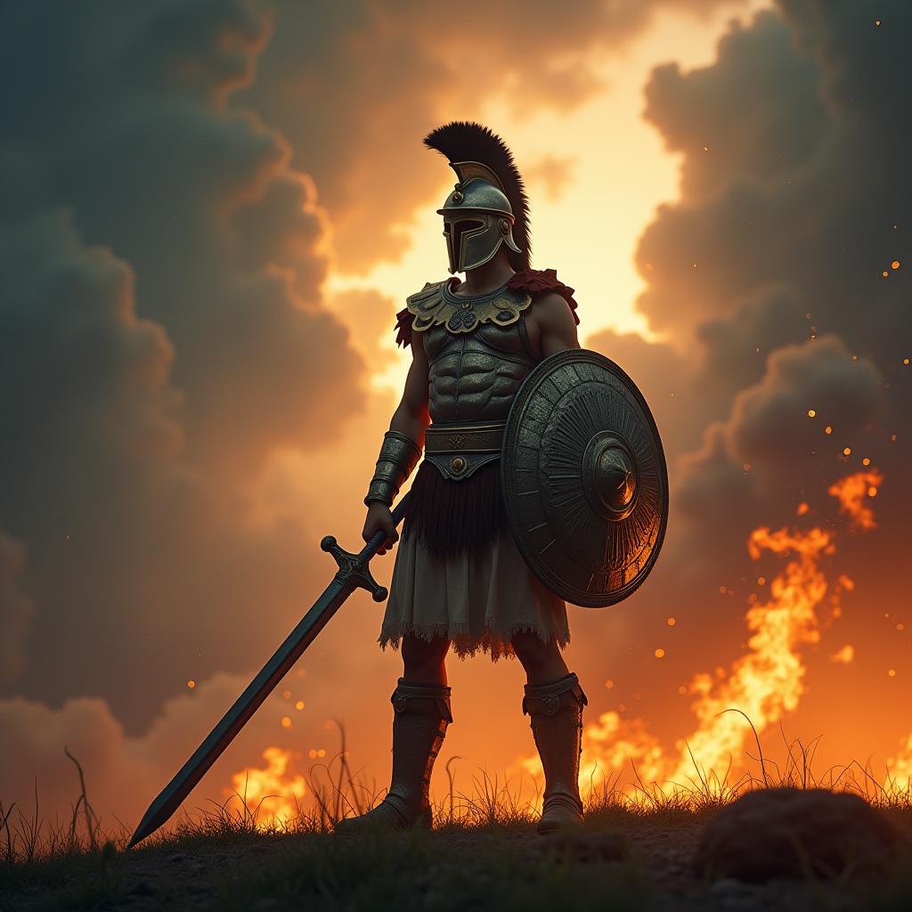 Conceptual Art of  <lora:Greek Mythology style v1:1>in Greek Mythology style, sharp detailed cinematic image, In ancient mythical legendary world, Ares a man in a helmet and armor holding a sword, ancient Greeks, historical mythical movie themed, sharp, detailed, epic cinematic photography, artistic creative style, dramatic light style, cinematic color style, Kodak film style, Greek mythology style, solo, 1boy, holding, standing, weapon, male focus, boots, sky, cloud, holding weapon, armor, glowing, helmet, fire, polearm, star (sky), shield, spear, embers, holding shield, concept art