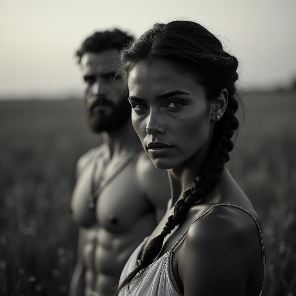 UHD, 4k, ultra detailed, cinematic, a photograph of  <lora:Greek Mythology style v1:1>in Greek Mythology style, sharp detailed cinematic image, In ancient mythical legendary world, Aphrodite a woman standing next to a man in a field, ancient Greeks, historical mythical movie themed, sharp, detailed, epic cinematic photography, artistic creative style, dramatic light style, cinematic color style, Kodak film style, Greek mythology style, 1girl, solo, looking at viewer, monochrome, greyscale, blurry, lips, blurry background, portrait, realistic, closed mouth, dark skin, braid, epic, beautiful lighting, inpsiring