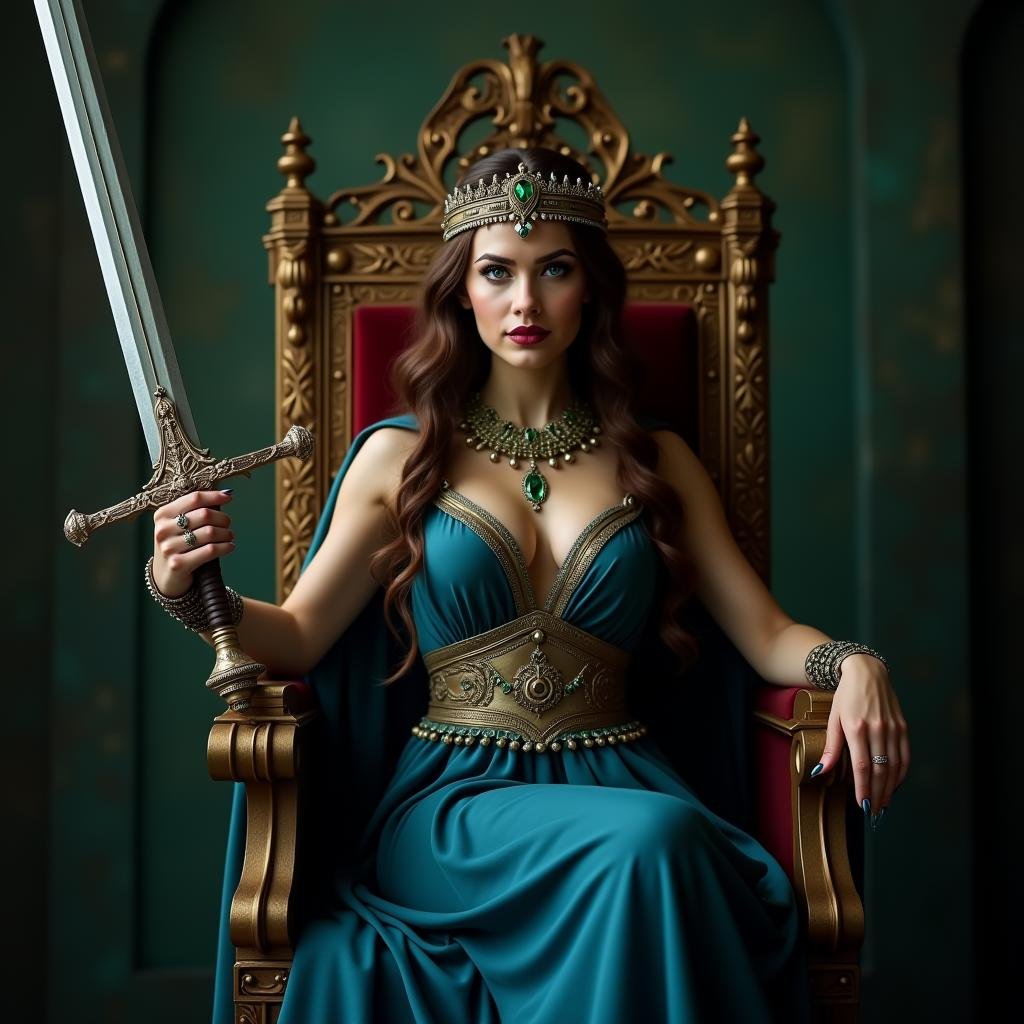 Classicism Art,  <lora:Greek Mythology style v1:1>in Greek Mythology style, sharp detailed cinematic image, In ancient mythical legendary world, Hera a woman sitting on a throne with a sword, ancient Greeks, historical mythical movie themed, sharp, detailed, epic cinematic photography, artistic creative style, dramatic light style, cinematic color style, Kodak film style, Greek mythology style, 1girl, long hair, breasts, looking at viewer, blue eyes, brown hair, dress, cleavage, jewelry, sitting, green eyes, cape, nail polish, armor, makeup, blue dress, glowing, helmet, lipstick, staff, gem, glowing eyes, green nails, throne, medium breasts, artist name, copyright name, watermark, ring, tiara, crown, scepter, bracer, inspired by Roman and Greek culture, clarity, harmonious, classicism art