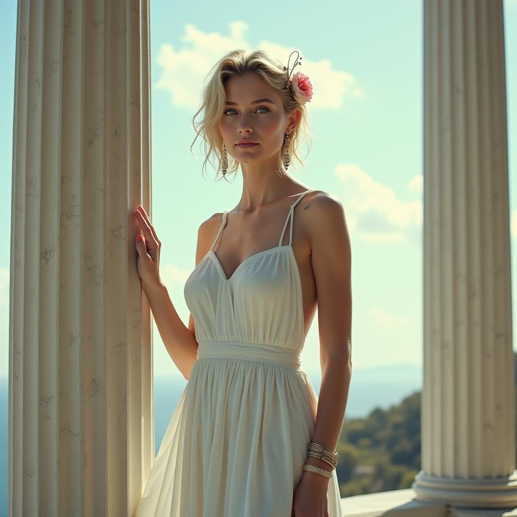 Conceptual Art of  <lora:Greek Mythology style v1:1>in Greek Mythology style, sharp detailed cinematic image, In ancient mythical legendary world, Eos a woman in a white dress standing in front of a column, ancient Greeks, historical mythical movie themed, sharp, detailed, epic cinematic photography, artistic creative style, dramatic light style, cinematic color style, Kodak film style, Greek mythology style, 1girl, solo, breasts, looking at viewer, short hair, blue eyes, blonde hair, large breasts, hair ornament, jewelry, medium breasts, nipples, flower, nude, earrings, sky, artist name, cloud, signature, hair flower, bracelet, lips, see-through, watermark, covering, armlet, covering breasts, nose, smile, pointy ears, dated, makeup, circlet, head wreath, pillar, column, covering privates, web address, concept art