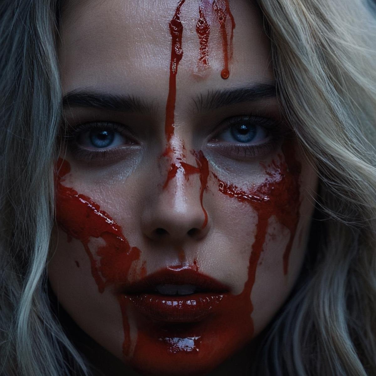 UHD, 4k, ultra detailed, cinematic, a photograph of  <lora:Cinematic Hollywood Film v2:1> perfect eyesEpic Creative Scene a woman with blood on her face Cinematic Hollywood Film Style, epic, beautiful lighting, inpsiring