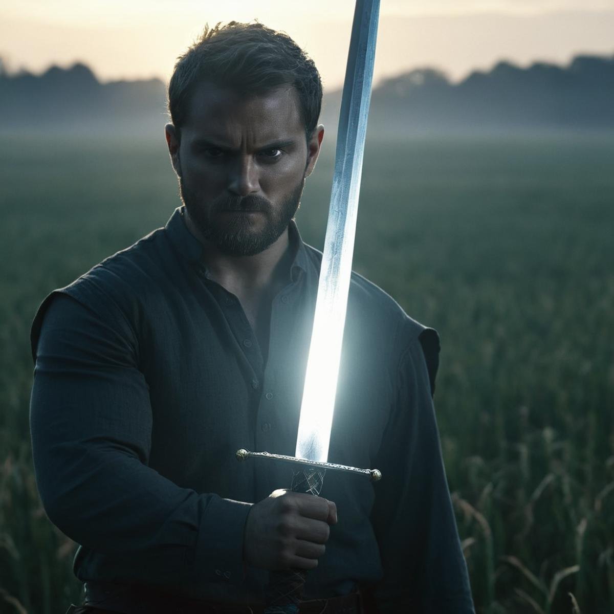 UHD, 4k, ultra detailed, cinematic, a photograph of  <lora:Cinematic Hollywood Film v2:1> perfect eyesEpic Creative Backlight Scene a man holding a sword in a field Cinematic Hollywood Film Style, epic, beautiful lighting, inpsiring