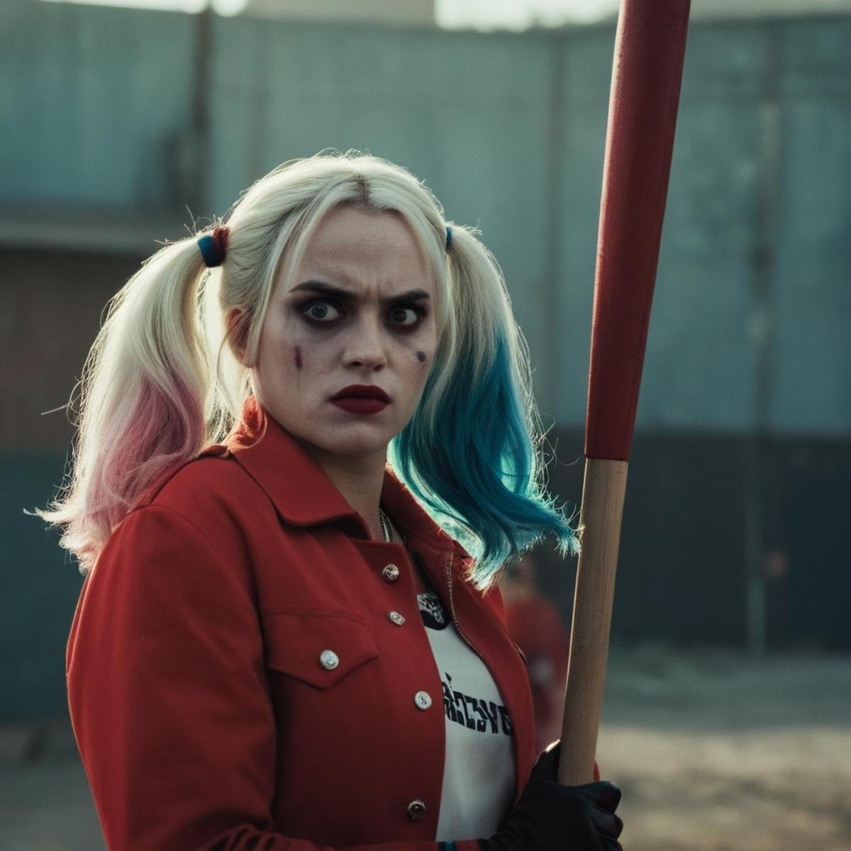 cinematic film still of  <lora:Cinematic Hollywood Film v2:1> perfect eyes, colorfulEpic Creative Scene Harley Quinn a very serious angry woman in red jacket with a baseball bat in her hand Cinematic Hollywood Film Style, shallow depth of field, vignette, highly detailed, high budget, bokeh, cinemascope, moody, epic, gorgeous, film grain, grainy