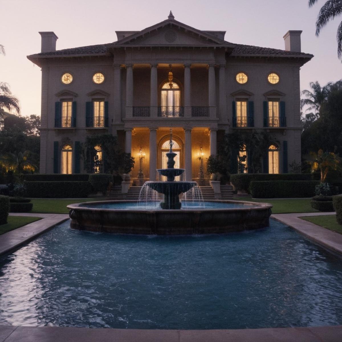 UHD, 4k, ultra detailed, cinematic, a photograph of  <lora:Cinematic Hollywood Film v2:1> perfect eyesEpic Creative Scene a large mansion with a fountain in the front yard Cinematic Hollywood Film Style, epic, beautiful lighting, inpsiring