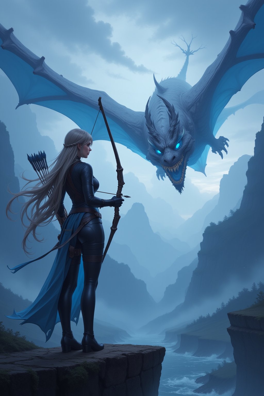 A beautiful anime archer stands on a high cliff, her bow drawn and aimed at a distant, massive dragon soaring through the stormy skies. Her piercing blue eyes focus on her target, her braided hair flowing down her back. She is clad in a sleek, elegant combat outfit, and her quiver of enchanted arrows glows with a magical aura. The fierce wind sweeps across the landscape, adding intensity to the moment as she prepares to unleash a powerful, precise shot.
