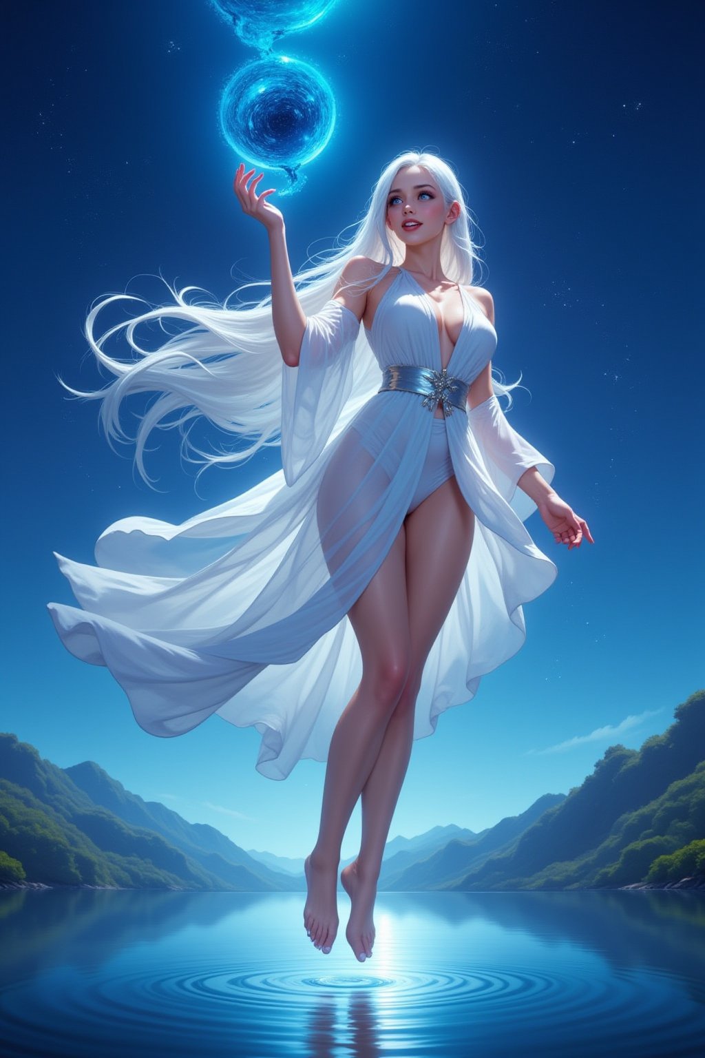 A stunning anime sorceress floats gracefully above a shimmering lake, her hands extended as she casts a powerful spell that causes ripples of magic to spread across the water. Her long, white hair glows faintly under the moonlight, and her elegant, celestial robe flutters around her as stars begin to twinkle in response to her power. The sky above is a deep, cosmic blue, with distant galaxies swirling in the background. Her focused gaze and serene smile radiate both wisdom and untold power.
