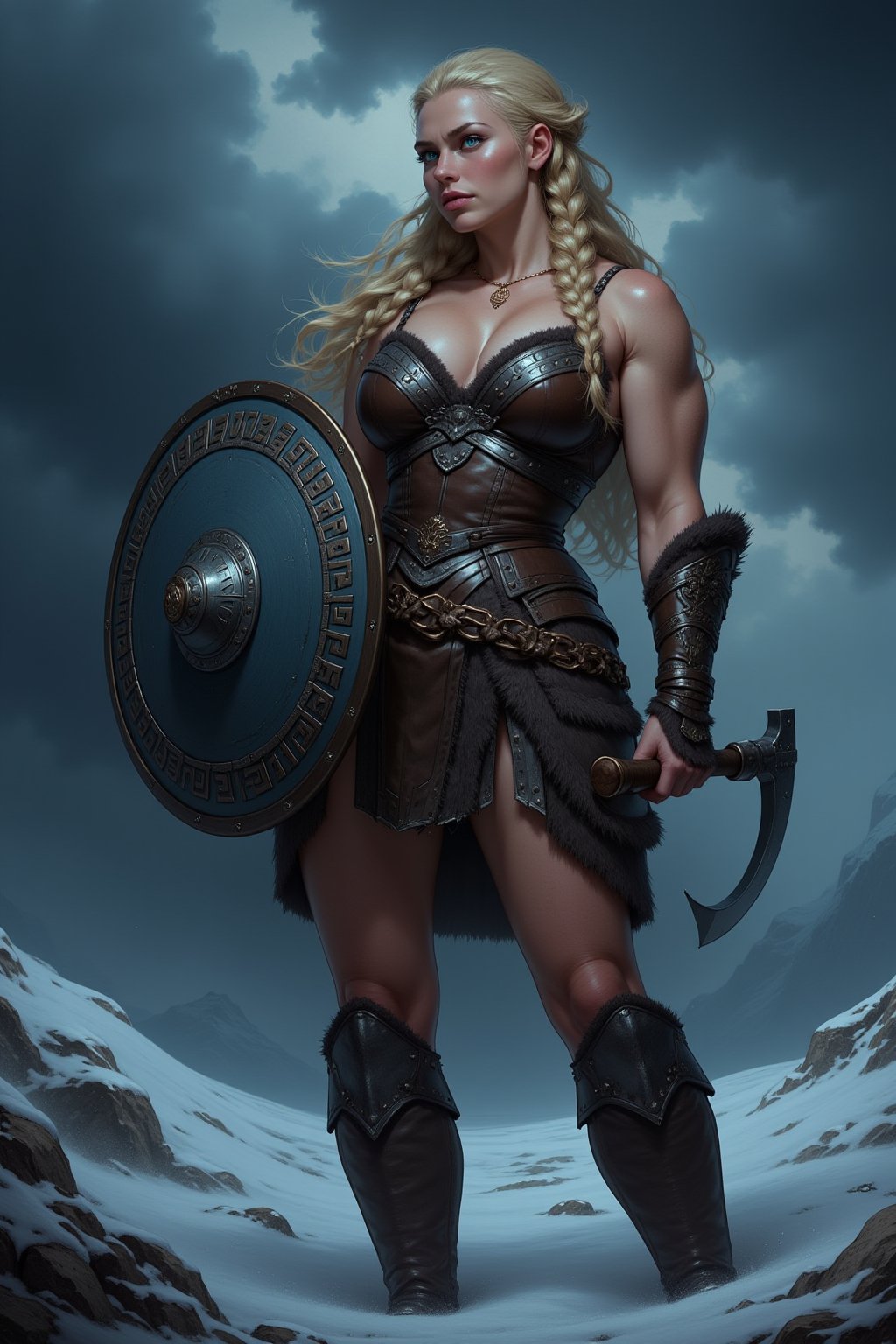 A fierce Viking shield-maiden stands tall, her broad shoulders and muscular arms gripping a large, round shield engraved with Norse runes. Her wild, braided blonde hair flows in the cold northern wind, and her piercing blue eyes glare with determination. Dressed in heavy, fur-lined armor, her powerful frame is accentuated by the thick leather and iron plates that protect her. Her strong legs are braced in a ready stance, prepared for battle, as she holds a heavy axe in her other hand. Behind her, the icy fjords stretch into the distance, with dark storm clouds gathering on the horizon.