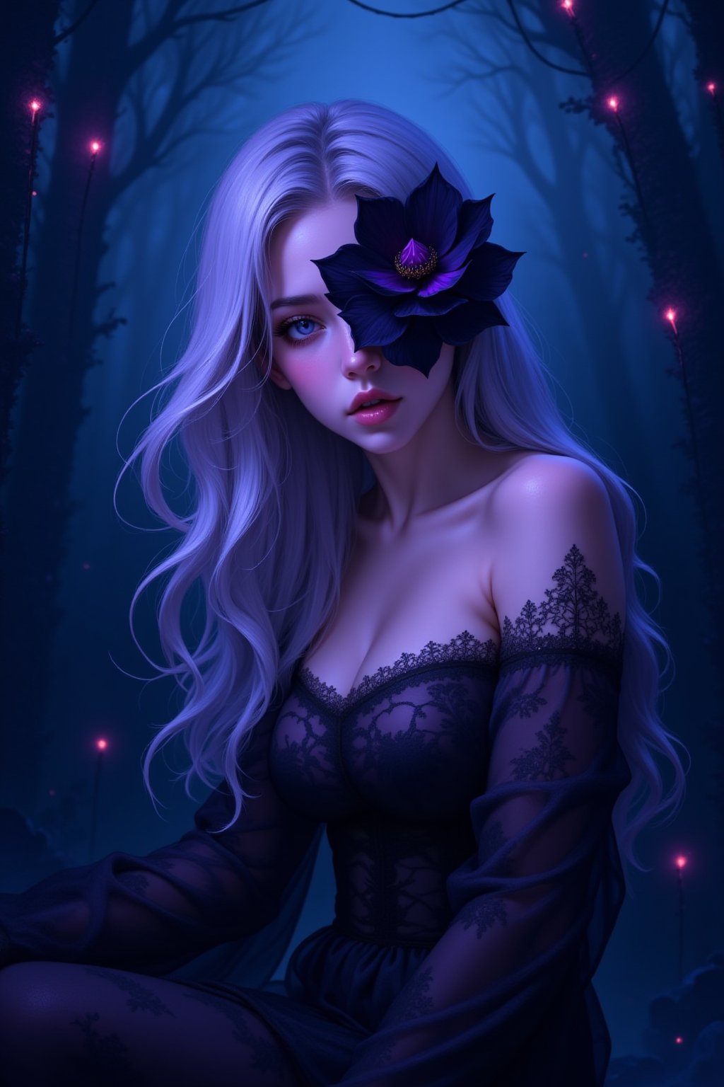 A striking oil painting in a neo-noir anime style, featuring a beautiful woman with long, flowing silver hair that glows under dim light. Dark, swirling purple and blue mist surrounds her, creating an intense and mysterious atmosphere. One eye is obscured by a large, blooming black lotus, its petals blending into the mist, adding an air of surrealism. Her cold expression is accentuated by the deep shadows that drape across her body, casting a haunting glow on her sharp facial features. The woman’s pale skin contrasts sharply with the dark environment, and her figure is enveloped in intricate, semi-transparent veils that flow with the mist. The background is a stormy midnight blue, scattered with glowing, violet sparks that resemble falling embers, adding to the emotional intensity of the scene.
