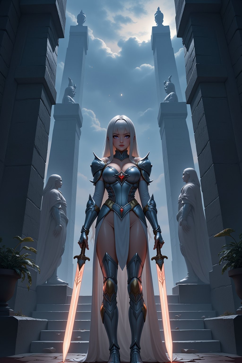 A fearless anime warrior girl stands at the entrance of an ancient temple, her two twin swords glowing with divine energy. Her silver armor gleams in the fading light of dusk, and her determined expression reflects the monumental task ahead. The towering statues of forgotten gods loom behind her, their shadows stretching across the temple floor. The sky above is dark with swirling clouds, lit by flashes of lightning as she readies herself for the final battle of destiny.