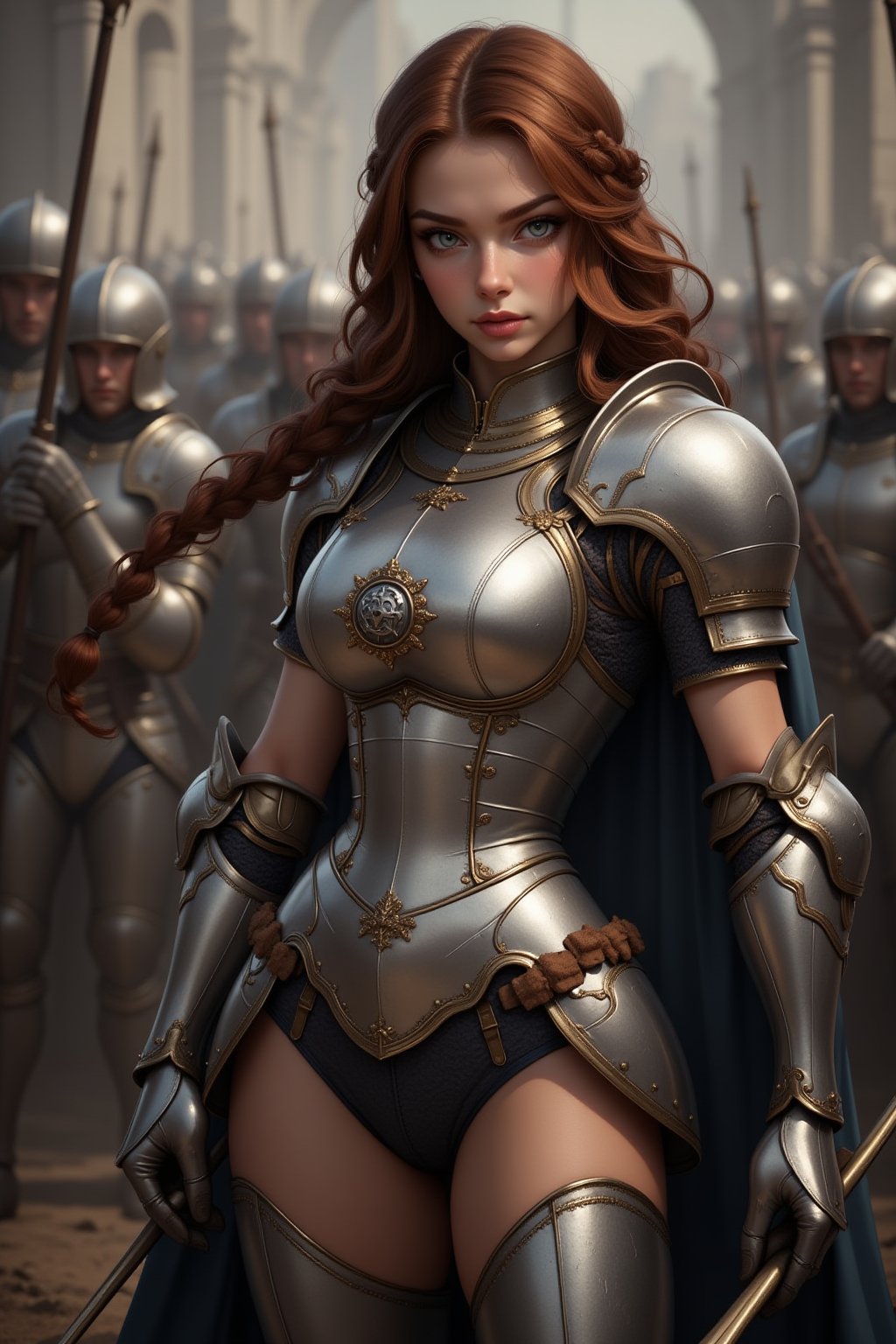 A fierce knight archer girl stands in a medieval battlefield, her shining silver armor fitted closely to her athletic body. Her strong arms pull back the string of her bow, her deep brown eyes focused intently on the enemy ahead. Her long, wavy auburn hair is tied back in a loose braid, cascading over her polished armor. The intricate details of her chest plate and pauldrons highlight her noble lineage, while the armor’s form-fitting design emphasizes her slim waist and powerful legs. A crest is engraved on her chest, symbolizing her house, as she stands ready to defend her kingdom with skill and precision