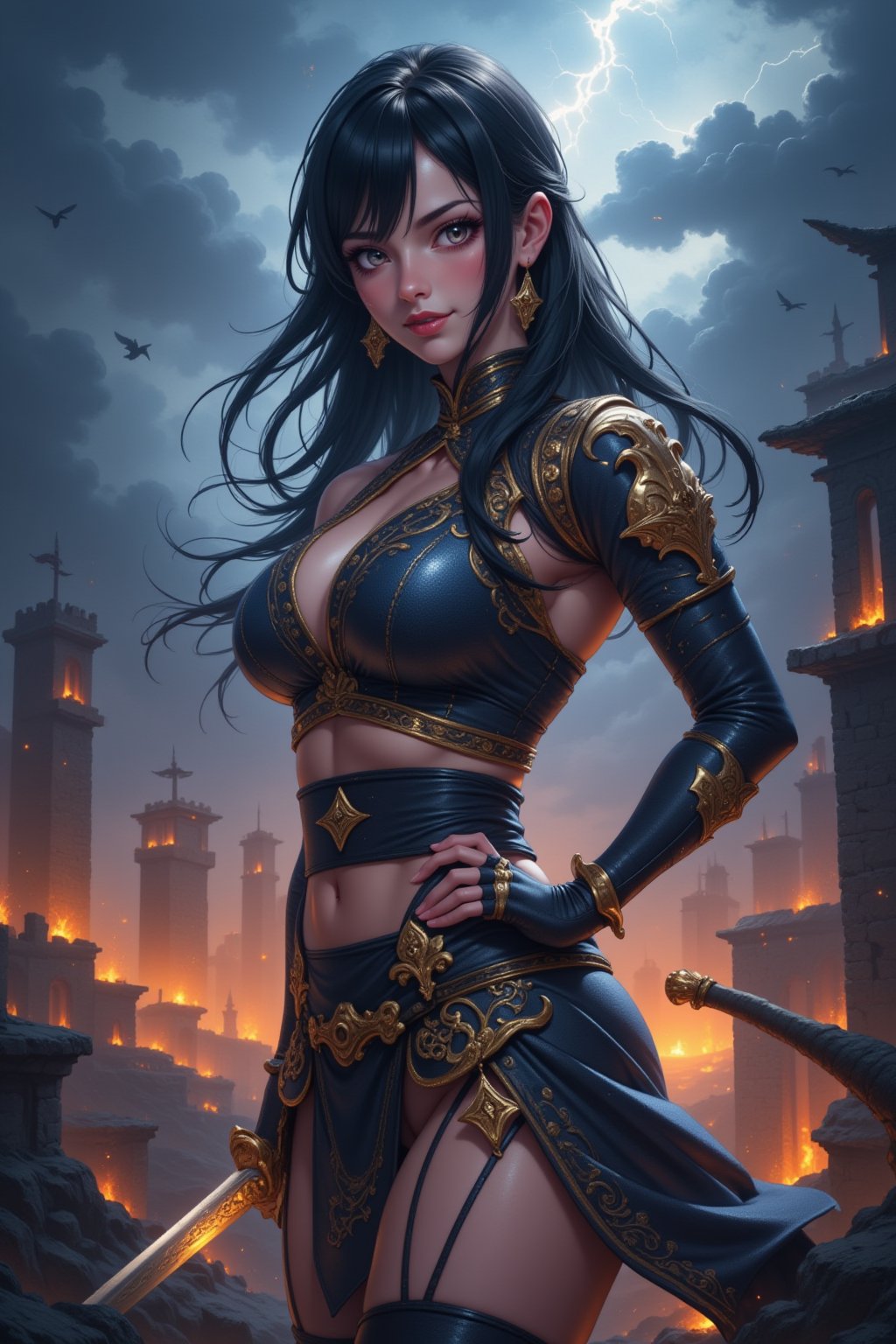 A fierce anime warrior princess stands atop a crumbling fortress, her flowing black hair dancing in the wind. She wields a glowing katana, its blade etched with ancient runes. Her battle-worn armor is adorned with golden accents, highlighting her strength and regal stature. Behind her, storm clouds gather as lightning strikes the ground, casting dramatic shadows over the battlefield. The glowing embers of a recent battle surround her, and her intense, determined eyes pierce through the chaos, ready to fight once more