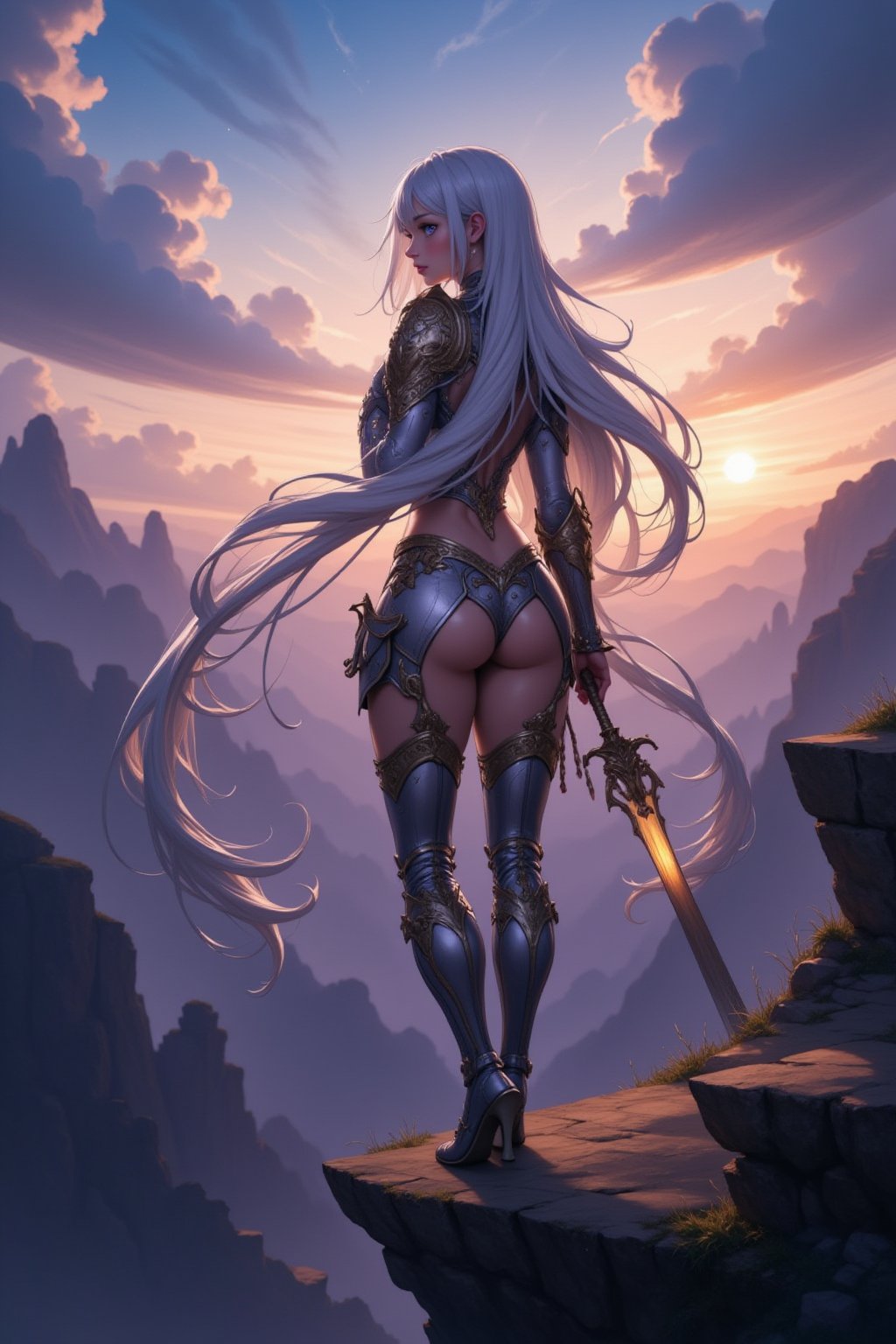 An epic anime scene featuring a breathtakingly beautiful girl standing on a cliff overlooking a vast, otherworldly landscape. Her long, flowing silver hair catches the wind, swirling around her in soft waves. She wears a detailed, ornate battle armor that clings to her slim, curvaceous figure, glinting under the light of the setting sun. Her deep, glowing violet eyes hold a fierce determination, reflecting the strength within. A large, mystical sword rests on her back, its blade glowing with ancient power. The sky behind her is filled with swirling clouds and beams of light, casting an ethereal glow over the scene as she prepares for an epic battle, exuding both elegance and power.
