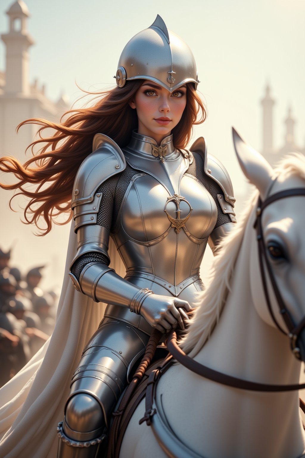 A noble knightess rides into battle on a majestic white horse, her polished silver armor shining under the sunlight. Her auburn hair flows freely beneath her helmet, and her deep brown eyes are filled with determination. Her armor is intricately designed with heraldic symbols, highlighting her noble status, and it fits snugly to her strong, athletic body, emphasizing her toned arms and legs. Her long cape flutters in the wind as she grips a shining lance, ready to charge into the fray. The battlefield behind her is filled with the chaos of war, but her poise and strength stand out, representing the hope of victory for her kingdom.