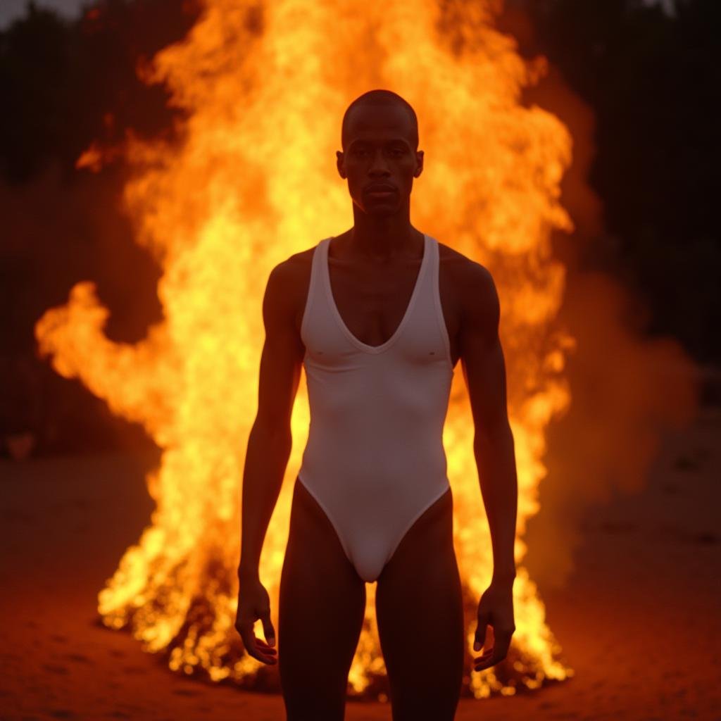 cinematic film still  <lora:Hollywood Cinematic Film style v1:1> high contrast, A dramatic cinematic photographic image of a woman in a white bodysuit standing in front of a fire,solo,1boy,standing,swimsuit,male focus,dark skin,leotard,one-piece swimsuit,highleg,dark-skinned male,fire,realistic,highleg swimsuit,bald,burning , Commercial advertisement themed, sharp, detailed, epic photography, artistic, creative, dramatic light, cinematic style, Kodak film style, different lighting style, different color style, different background, different scene, different person, different people, different race, different gender, 8k resolution, Television advertisement Hollywood Cinematic Film style . shallow depth of field, vignette, highly detailed, high budget, bokeh, cinemascope, moody, epic, gorgeous, film grain, grainy