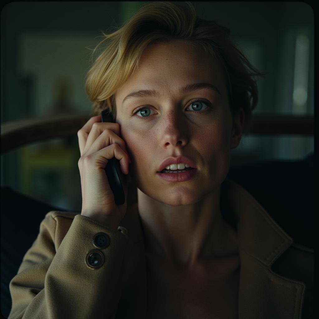 cinematic film still  <lora:Hollywood Cinematic Film style v1:1>A dramatic cinematic photographic image of a woman with blonde hair talking on a cell phone,solo,short hair,blue eyes,blonde hair,1boy,jacket,male focus,parted lips,teeth,lips,portrait,hand on own face,freckles,realistic , Commercial advertisement themed, sharp, detailed, epic photography, artistic, creative, dramatic light, cinematic style, Kodak film style, different lighting style, different color style, different background, different scene, different person, different people, different race, different gender, 8k resolution, Television advertisement Hollywood Cinematic Film style . shallow depth of field, vignette, highly detailed, high budget, bokeh, cinemascope, moody, epic, gorgeous, film grain, grainy