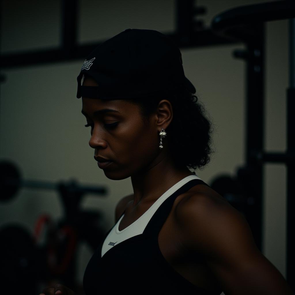 cinematic film still  <lora:Hollywood Cinematic Film style v1:1> high contrast, A dramatic cinematic photographic image of a woman is holding a barbell in a gym,1girl,solo,black hair,hat,holding,jewelry,upper body,earrings,indoors,dark skin,dark-skinned female,black headwear,baseball cap,sports bra,realistic,exercise,weightlifting , Commercial advertisement themed, sharp, detailed, epic photography, artistic, creative, dramatic light, cinematic style, Kodak film style, different lighting style, different color style, different background, different scene, different person, different people, different race, different gender, 8k resolution, Television advertisement Hollywood Cinematic Film style . shallow depth of field, vignette, highly detailed, high budget, bokeh, cinemascope, moody, epic, gorgeous, film grain, grainy