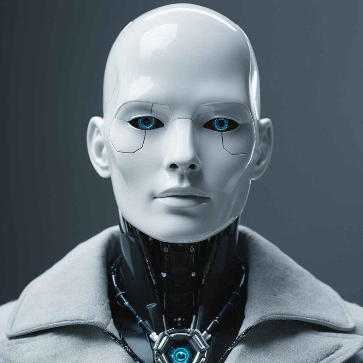 cinematic film still of  <lora:Cyberpunk Style:1>a creepy white robot wearing a jacket,bionic,transhuman,Dystopia,Dystopian,kakotopia,Science fiction,high tech,low life,societal collapse,Artificial,Posthuman,future,futuristic,Artificial intelligence,Cyborg,genetically-enhanced humans,sci-fi,Cyberpunk Style,solo,1boy,jewelry,male focus,earrings,no humans,mask,robot,portrait,science fiction,realistic,bald,cyberpunk,humanoid robot , Cyberpunk Style, shallow depth of field, vignette, highly detailed, high budget, bokeh, cinemascope, moody, epic, gorgeous, film grain, grainy