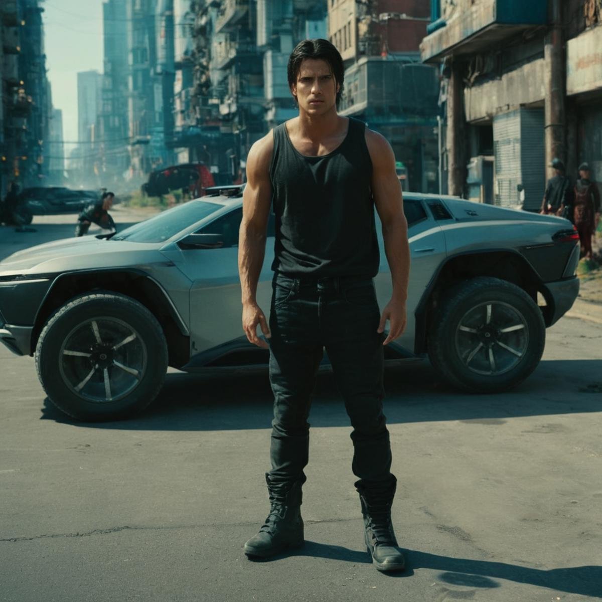 cinematic film still of  <lora:Cyberpunk Style:1>a man standing next to a car in a city,bionic,transhuman,Dystopia,Dystopian,kakotopia,Science fiction,high tech,low life,societal collapse,Artificial,Posthuman,future,futuristic,Artificial intelligence,Cyborg,genetically-enhanced humans,sci-fi,Cyberpunk Style,1girl,black hair,1boy,weapon,boots,outdoors,multiple boys,pants,gun,tank top,ground vehicle,building,motor vehicle,science fiction,city,sign,realistic,car,road,street,cyberpunk,neon lights , Cyberpunk Style, shallow depth of field, vignette, highly detailed, high budget, bokeh, cinemascope, moody, epic, gorgeous, film grain, grainy