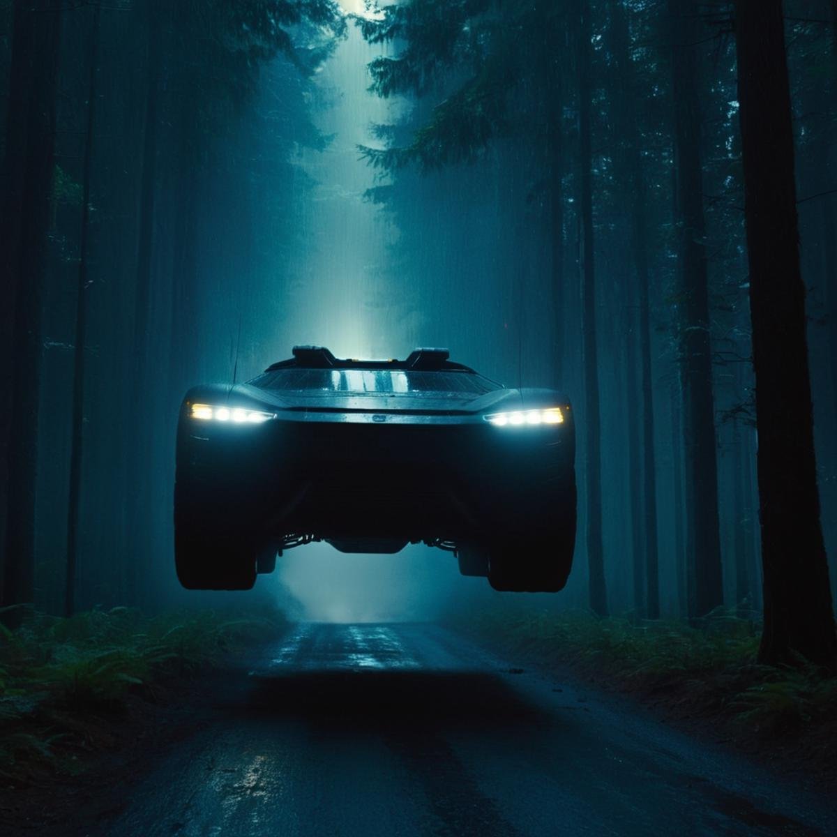 cinematic film still of  <lora:Cyberpunk Style:1>a futuristic vehicle flying through a dark forest,bionic,transhuman,Dystopia,Dystopian,kakotopia,Science fiction,high tech,low life,societal collapse,Artificial,Posthuman,future,futuristic,Artificial intelligence,Cyborg,genetically-enhanced humans,sci-fi,Cyberpunk Style,military,no humans,flying,science fiction,rain,realistic,military vehicle,vehicle focus,spacecraft,lights,searchlight , Cyberpunk Style, shallow depth of field, vignette, highly detailed, high budget, bokeh, cinemascope, moody, epic, gorgeous, film grain, grainy