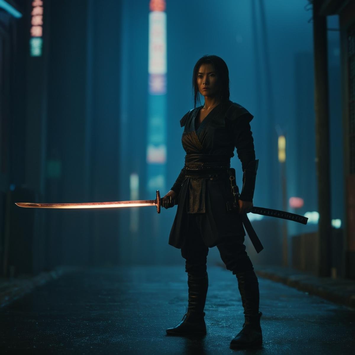 cinematic film still of  <lora:Cyberpunk Style:1> Cyberpunk Stylea samurai woman with a sword in cyberpunk city at night in cyberpunk style <lora:female samurai style v2:0.55>, shallow depth of field, vignette, highly detailed, high budget, bokeh, cinemascope, moody, epic, gorgeous, film grain, grainy