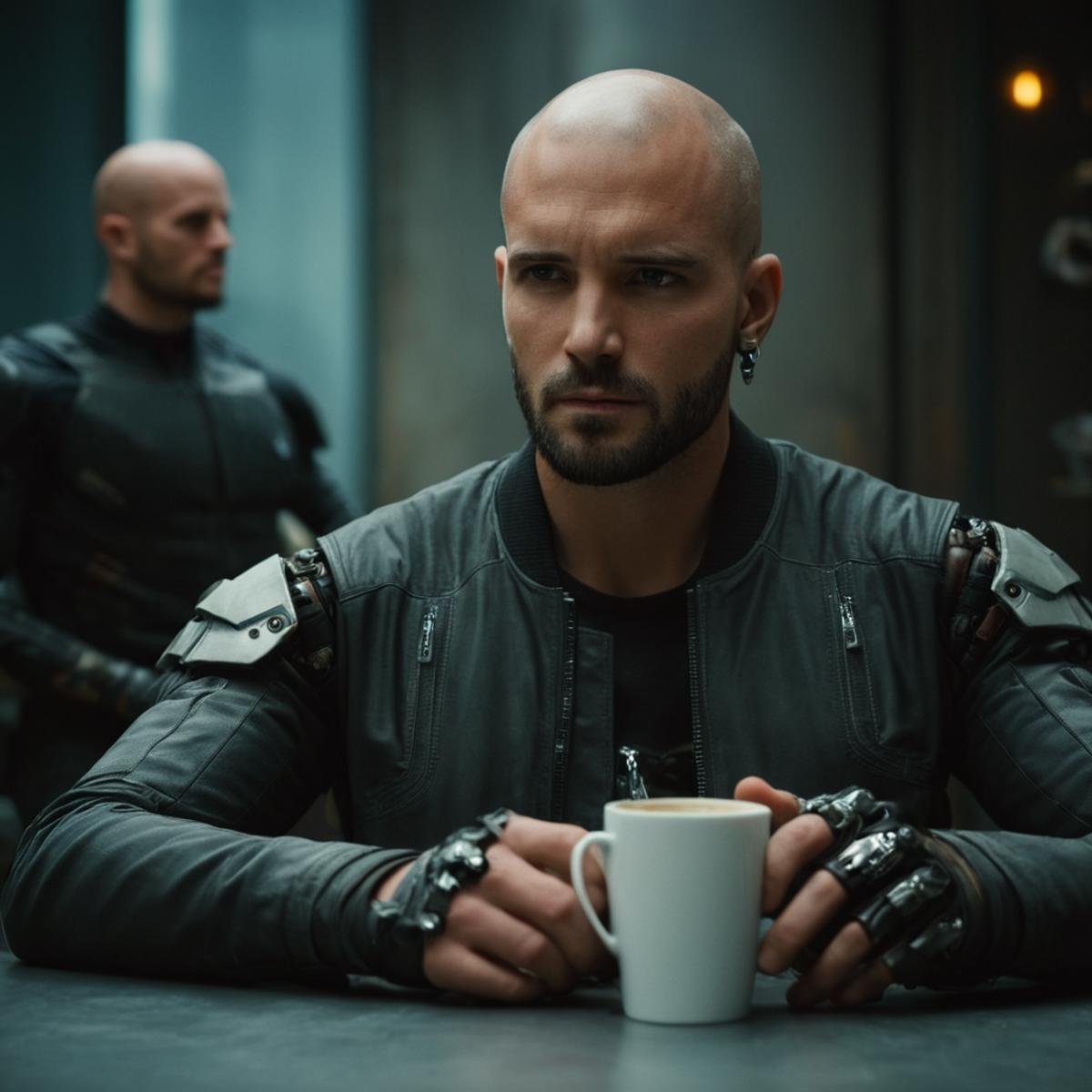 cinematic film still of  <lora:Cyberpunk Style:1>a man sitting at a table with a cup of coffee,bionic,transhuman,Dystopia,Dystopian,kakotopia,Science fiction,high tech,low life,societal collapse,Artificial,Posthuman,future,futuristic,Artificial intelligence,Cyborg,genetically-enhanced humans,sci-fi,Cyberpunk Style,1boy,jewelry,sitting,jacket,male focus,earrings,multiple boys,solo focus,2boys,necklace,cup,facial hair,scar,eyepatch,science fiction,realistic,bald,mechanical arms,cyborg,single mechanical arm,dog tags,prosthesis,prosthetic arm,cyberpunk , Cyberpunk Style, shallow depth of field, vignette, highly detailed, high budget, bokeh, cinemascope, moody, epic, gorgeous, film grain, grainy